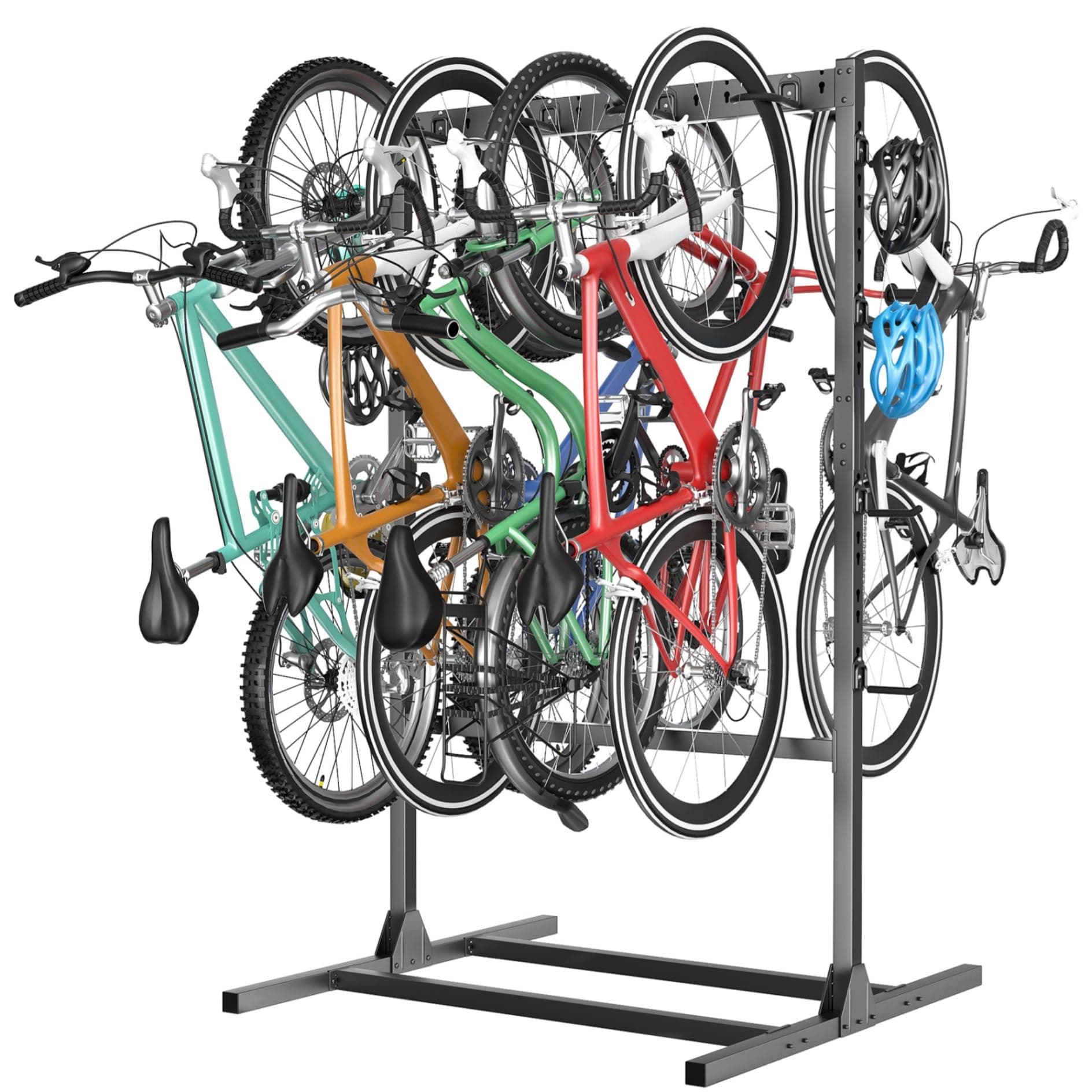 TORACK Freestanding Bike Storage Stand for Garage, Heavy Duty 7 Bikes and 7 Helmets Vertical Bike Storage Stand Floor Bikes Storage Rack