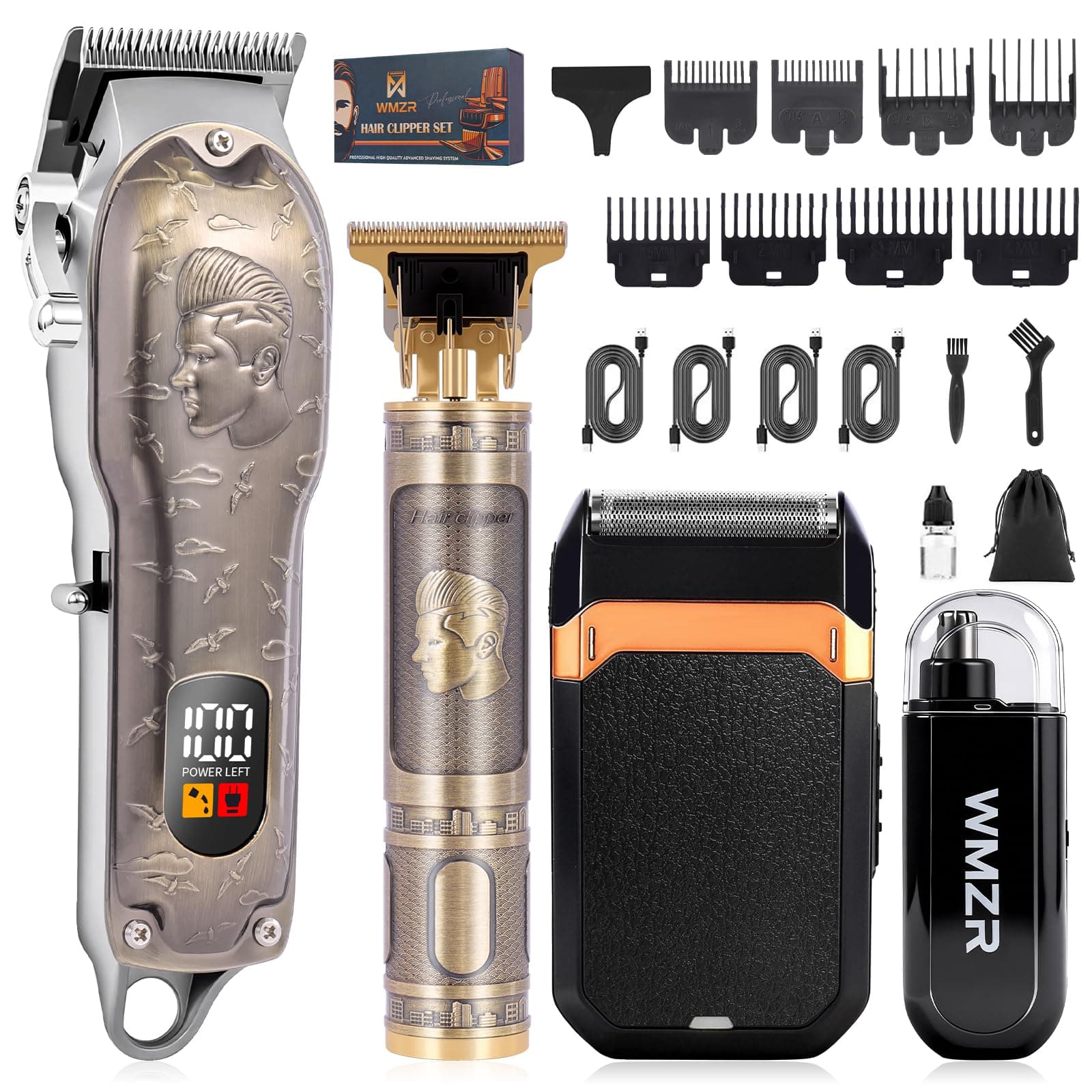 WMZR Professional Hair Clipper Set, Men's Hair Clipper, T-Shaped sideburn Trimmer, Electric Shaver, Beauty Salon kit for Hair Cutting and Shaving. (Gold)