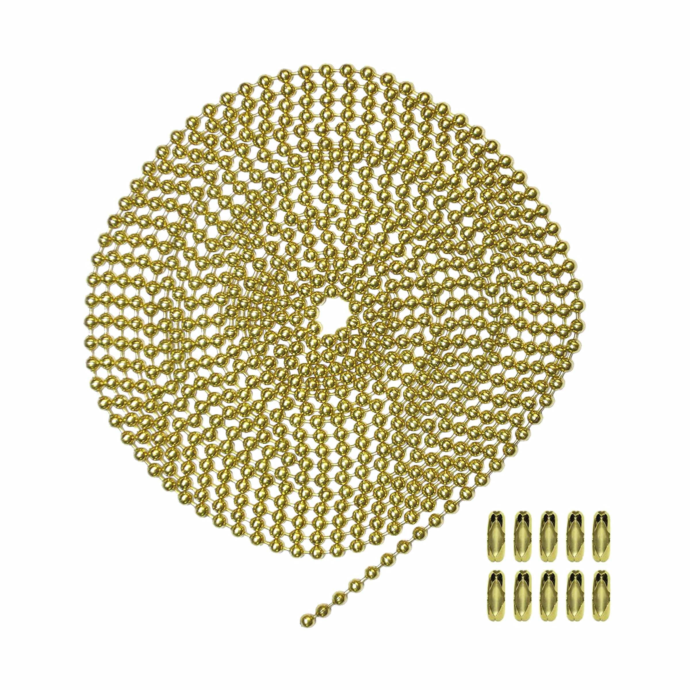10 Foot Length Ball Chain, #6 Size, Yellow Brass, & 10 Matching Connectors