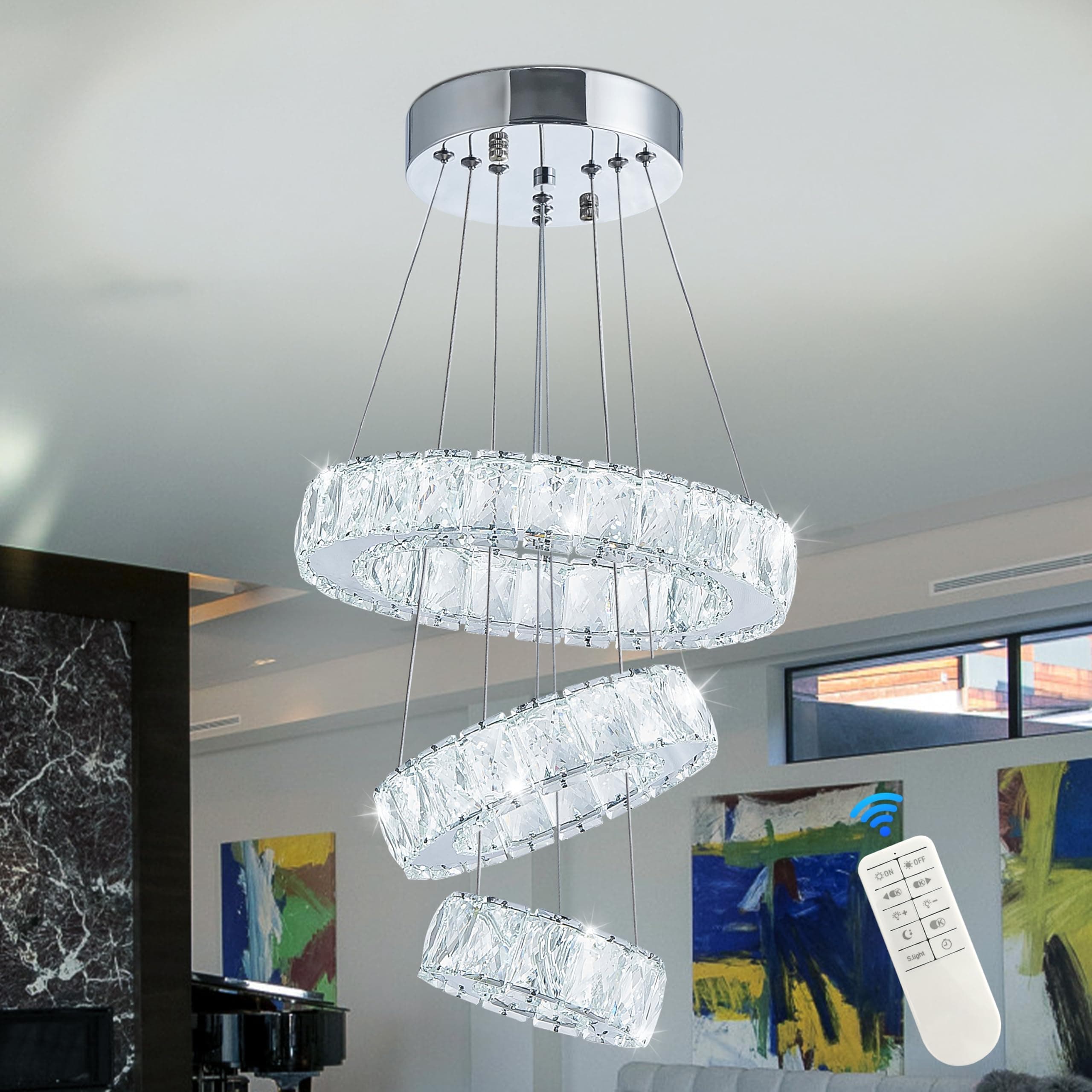 Mccokaige 12" 3-Ring Crystal Chandeliers Modern Led Chandelier Adjustable Ceiling Light Fixtures Contemporary Ring Chandeliers Adjustable Chandelier Ceiling Light for Bedroom Foyer Entryway