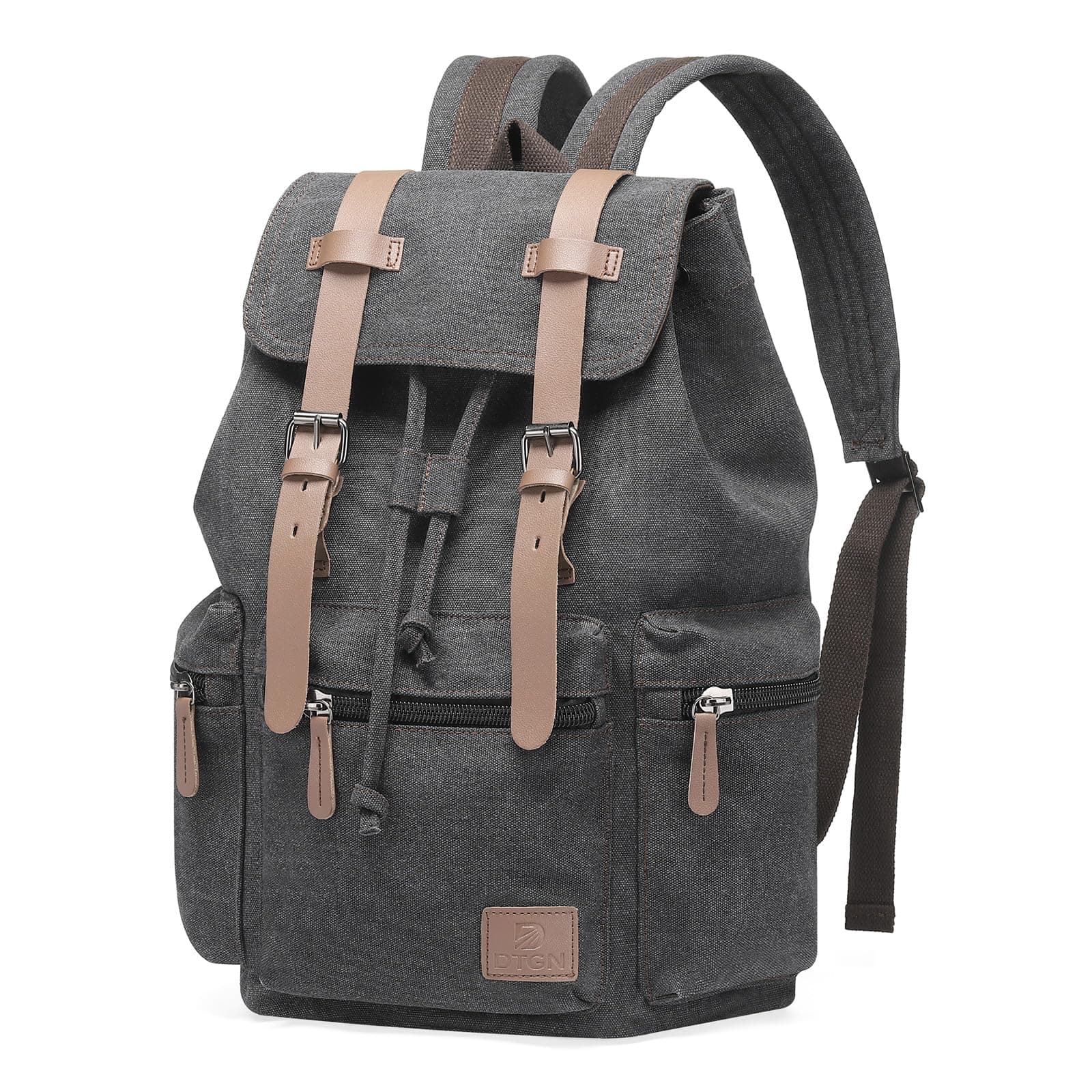 DTGN 25L Vintage Canvas Backpack for Men and Women Leather Accent Black