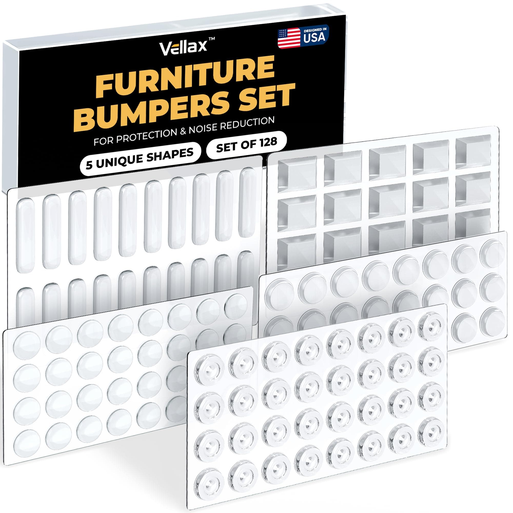 128 Clear Cabinet Bumper Pads – Self-Adhesive Silicone Set with 5 Unique Shapes for Doors, Drawers & Furniture – Premium Sound Dampening Pads for Surface Protection