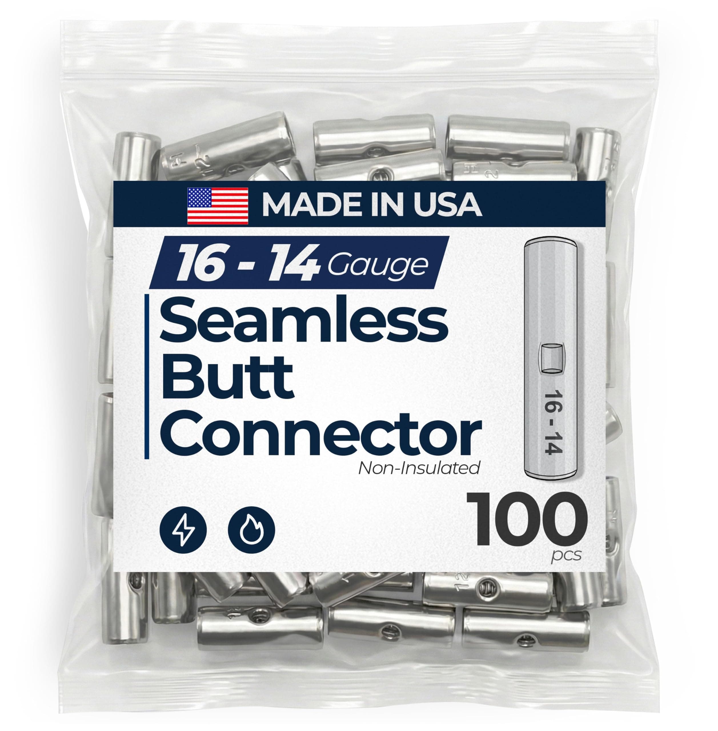 (100) Non-Insulated 16-14 Gauge Seamless Butt Splice Connector Uninsulated Wire Terminal - USA Made