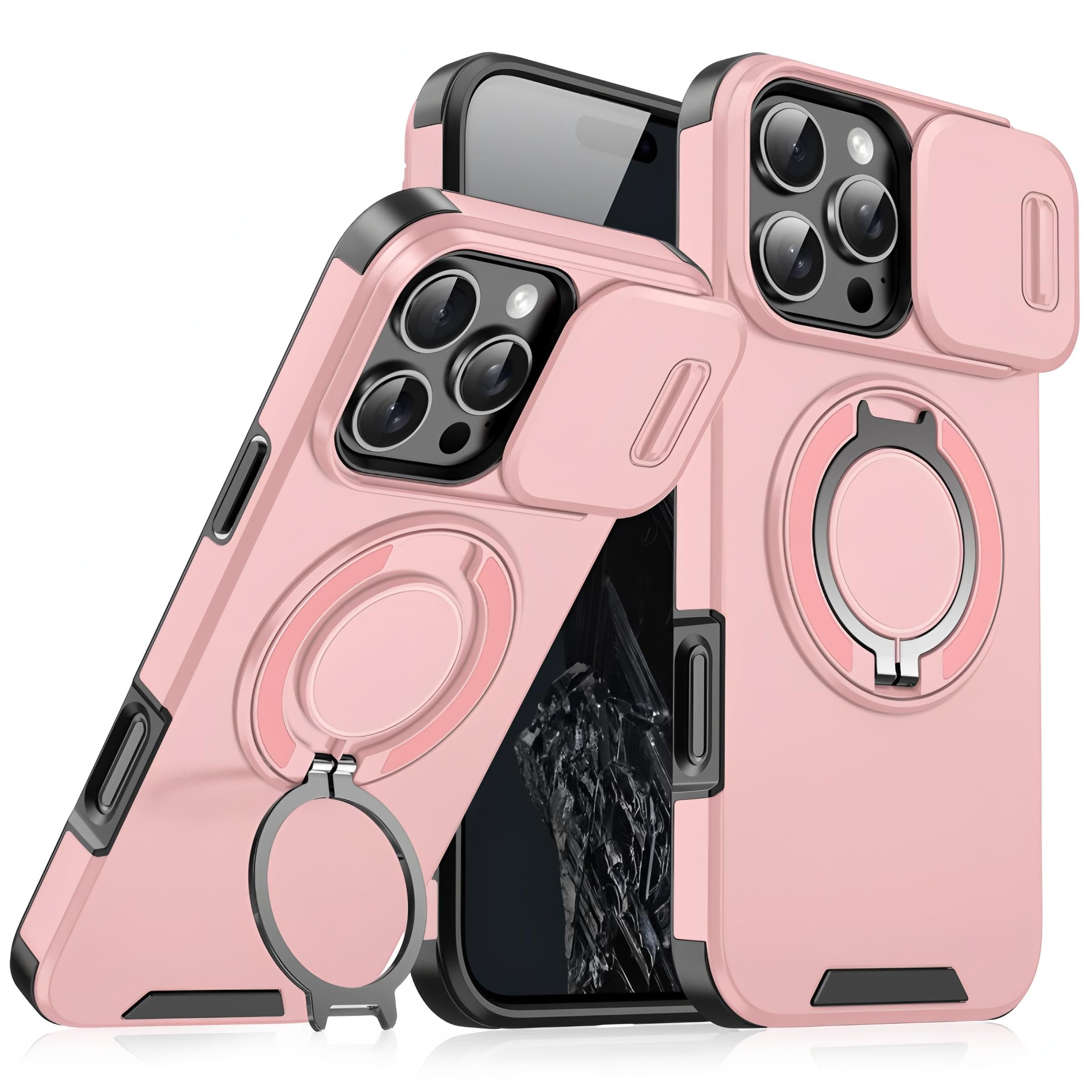 Erlova Magnetic for iPhone 15 Pro Max Case,[Compatible with MagSafe],360° Rotatable Invisible Holder Kickstand Ring Grip with Slide Camera Cover,Rugged Anti-Slip Military Grade Drop Protection,Pink