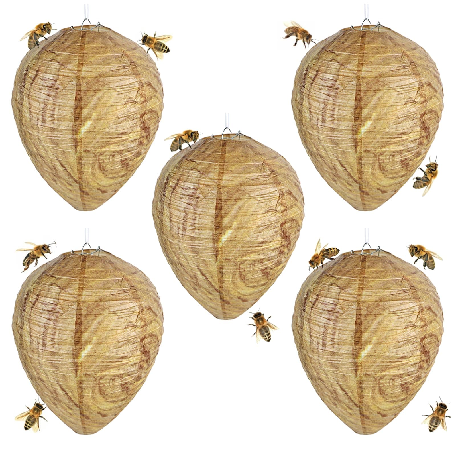 Fidqiog 5 Pcs Wasp Nest Decoy, Fake Hanging Wasp Trap, Control Deterrent Hornet Nest Decoy, Effective Hornet Trap, Non-Toxic Yellow Jacket Traps Bee Repellent Outdoor for Home Garden