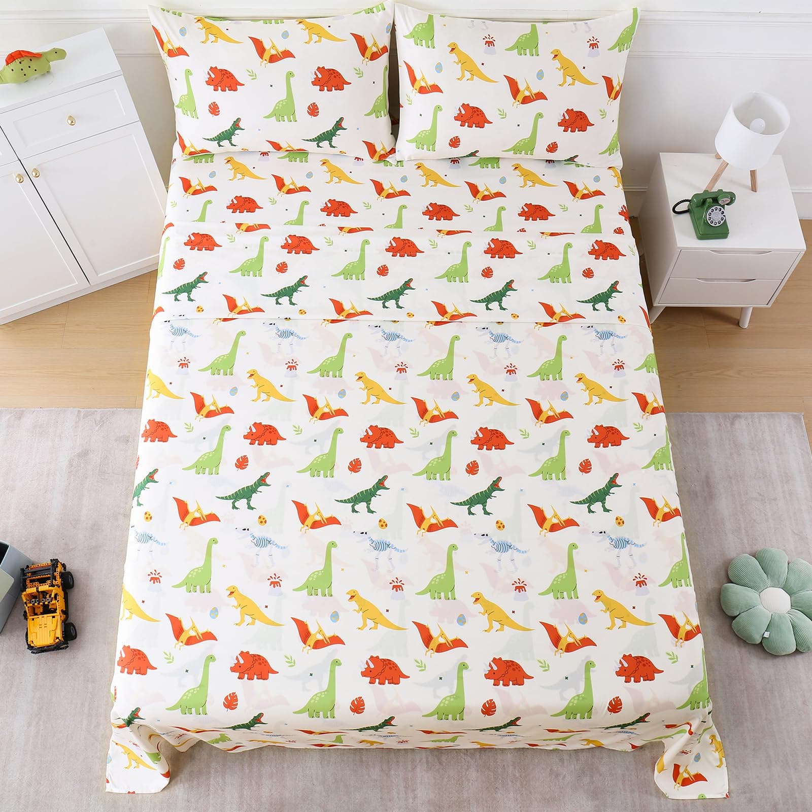 LONAVA Queen Sheet Set Kids - 4 Pieces Soft Microfiber Cartoon Style Bedsheets for Boys Girls Teens, Oeko TEX, Breathable Deep Pocket Sheets (Dinosaur)