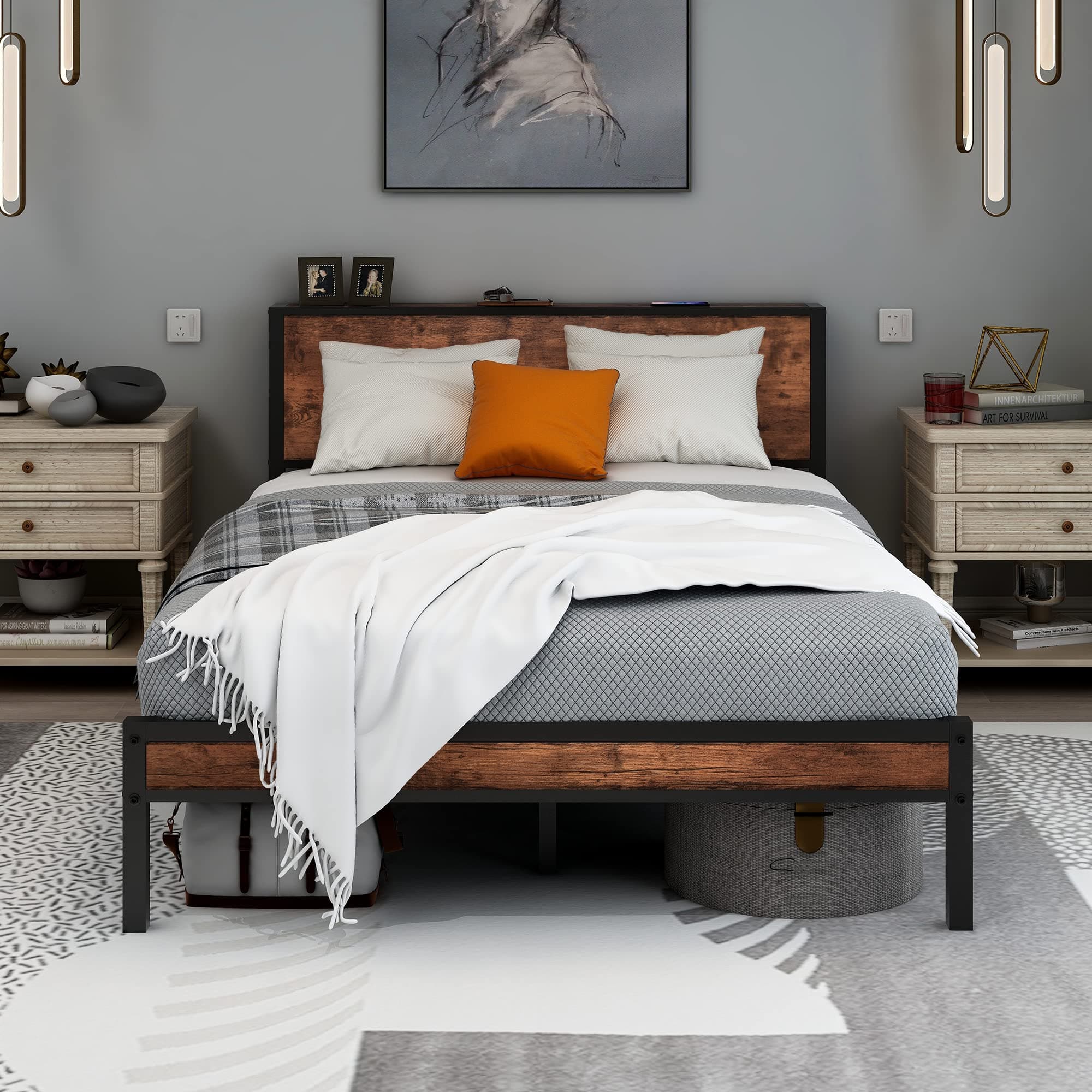 Diolong Full Bed Frame with Wood Storage Headboard,Double Bed Frame,Brown