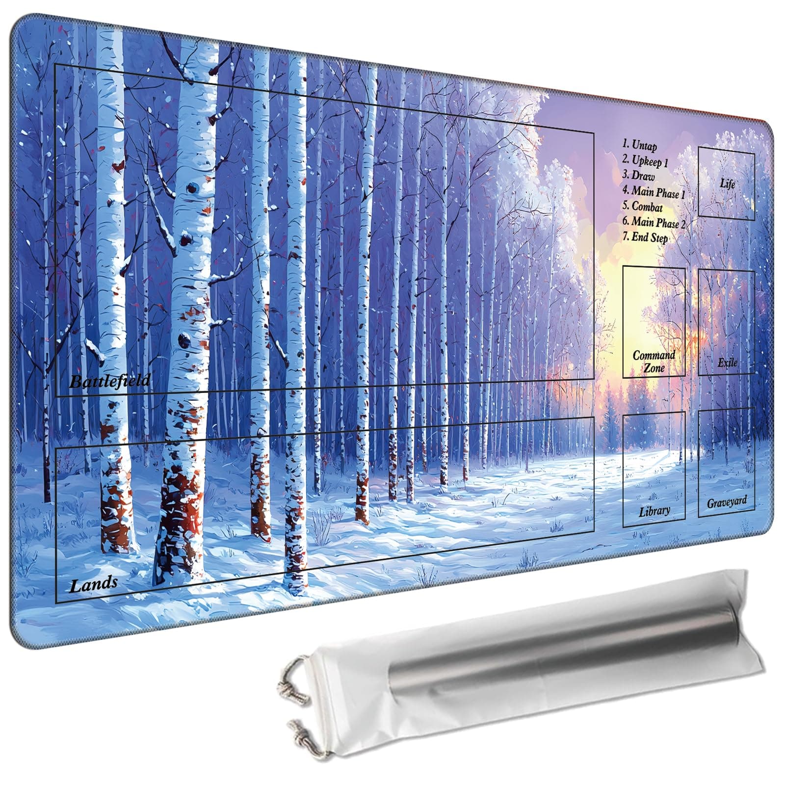 Cdkfxjy MTG Playmat with Magic Zone 27.5 x 15.7in Includes Storage Bag,TCG Playmat with Soft Surface Premium Non-Slip Rubber Backing Stitched Edges Durable Gaming Mat,Snow Birch Trees