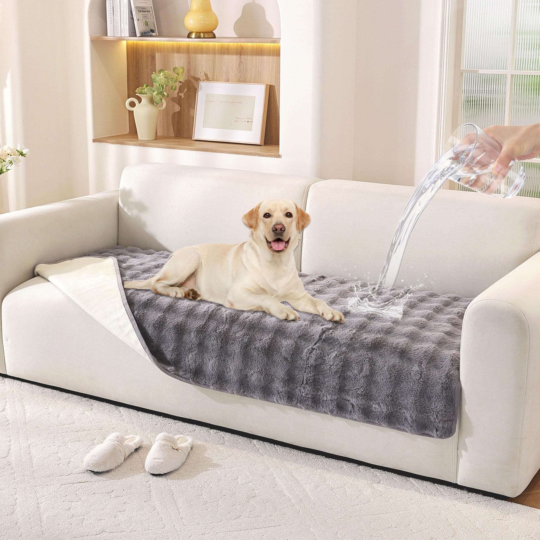 Hittun Waterproof Dog Bed Cover Non Slip Couch Cover for Dogs Washable, Dog Couch Cover Protector Faux Fur Pet Couch Covers for Sofa, Couch Covers for 3 Cushion Couch Sofa Pet Friendly (Grey)