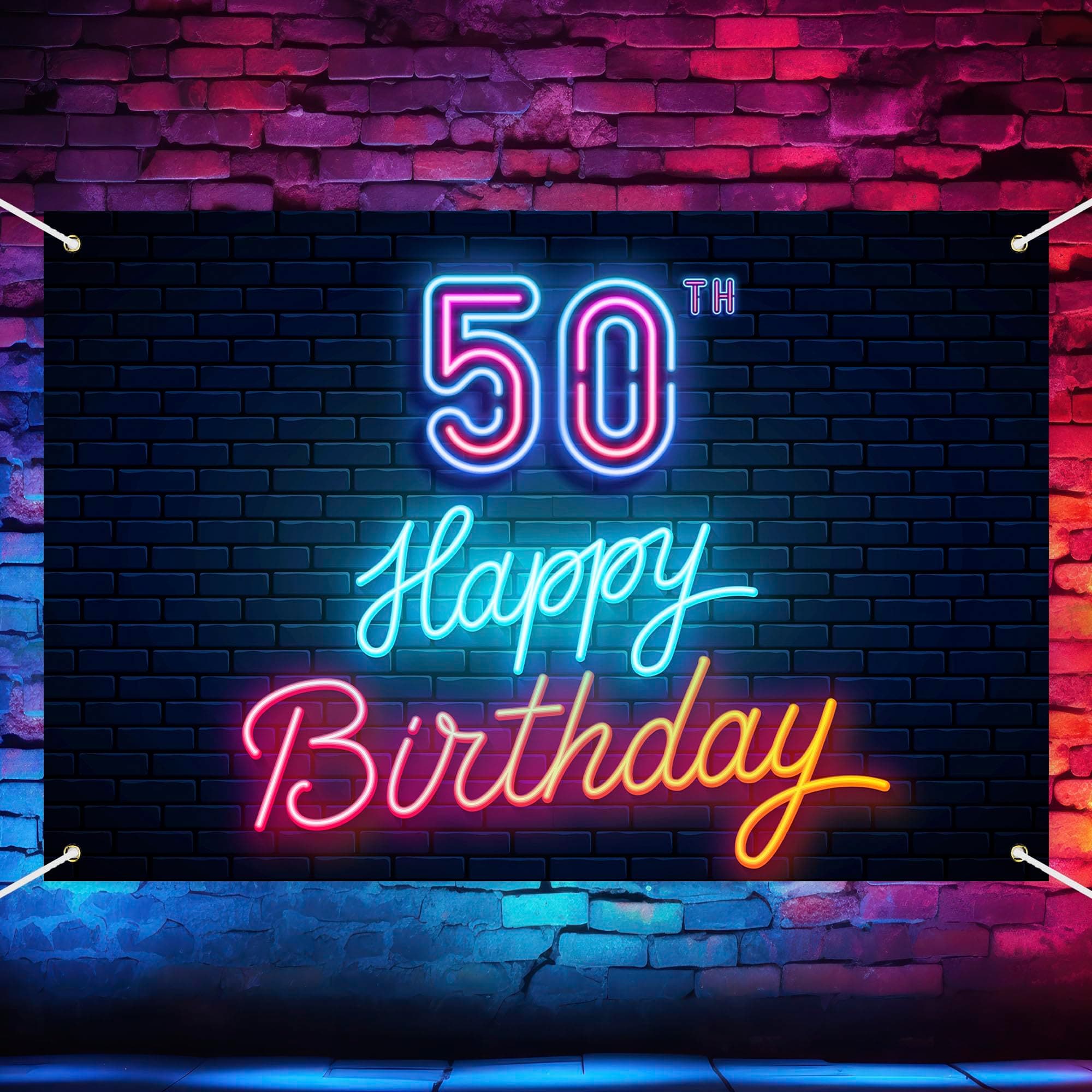 Neon Happy 50th Birthday Backdrop Banner Cool Glow Neon Theme Background Decor for Men Women Birthday Party Let’s Glow Party Celebration Decorations Photo Booth Props Supplies 70.8x47.2in-BECKTEN