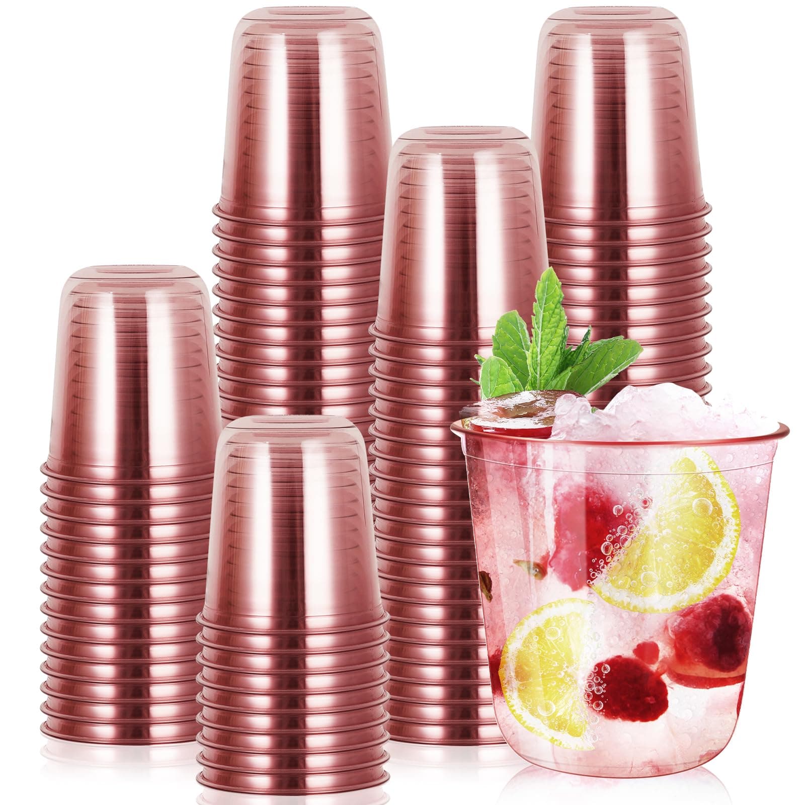 RMERVE 120 Pcs Disposable Stemless Glasses 12oz Plastic Cups Disposable Cold Party Drinking Cups Wine Glasses for Meeting Weddings Birthdays Cocktail Christmas Party Supplies (Pink)