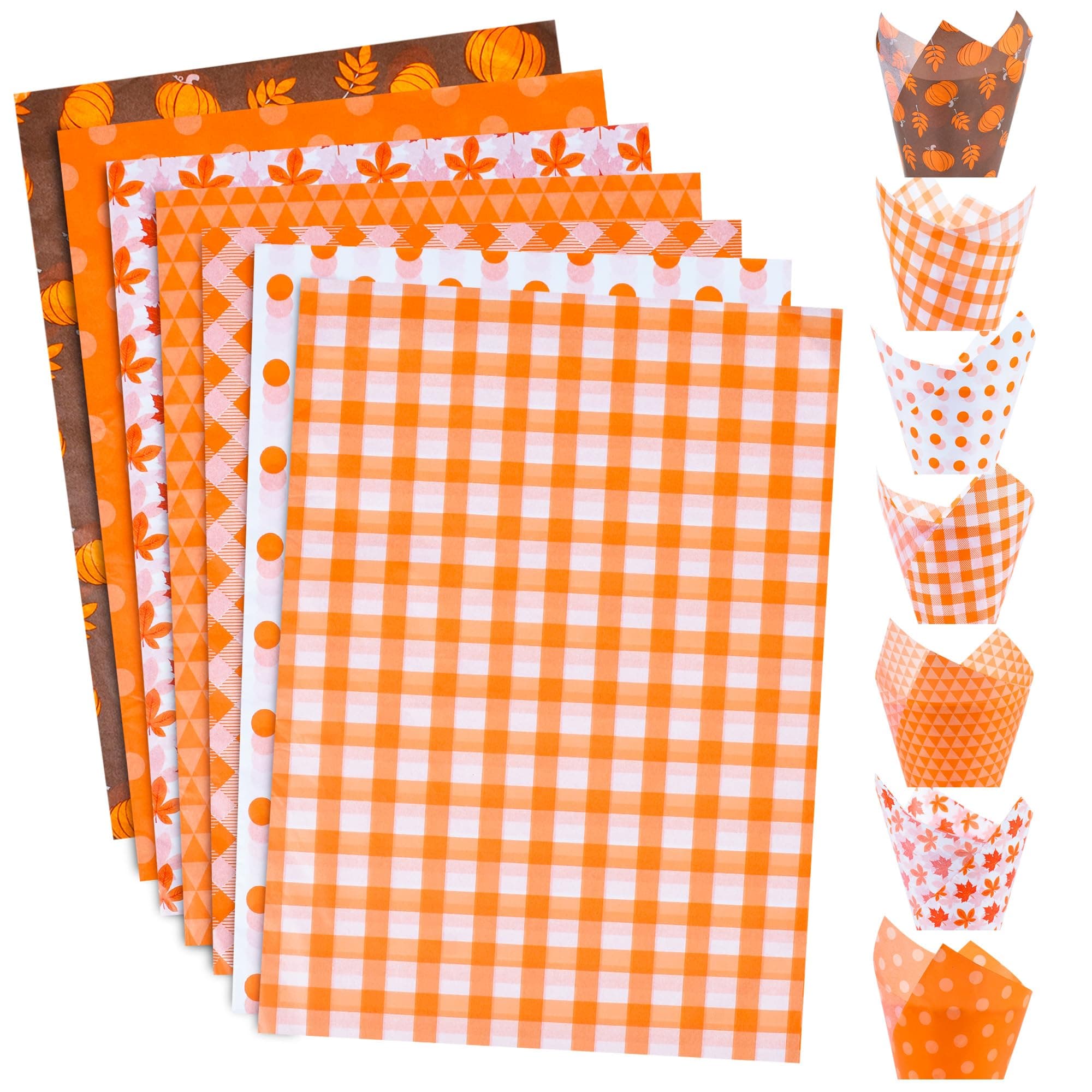 BEISHIDA 70 Sheets Fall Tissue Paper Bulk, 7 Pattern Orange Pumpkin Leaves Plaids Dot Wrapping Tissue Paper for Gift Bags, 14 x 20 Inch for Easter Halloween Fall Thanksgiving DIY Crafts Holiday