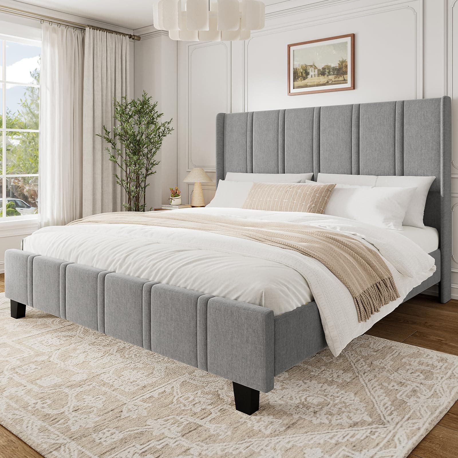 ROLETALENT Upholstered King Bed Frame with 50.8" Tall Headboard Light Grey