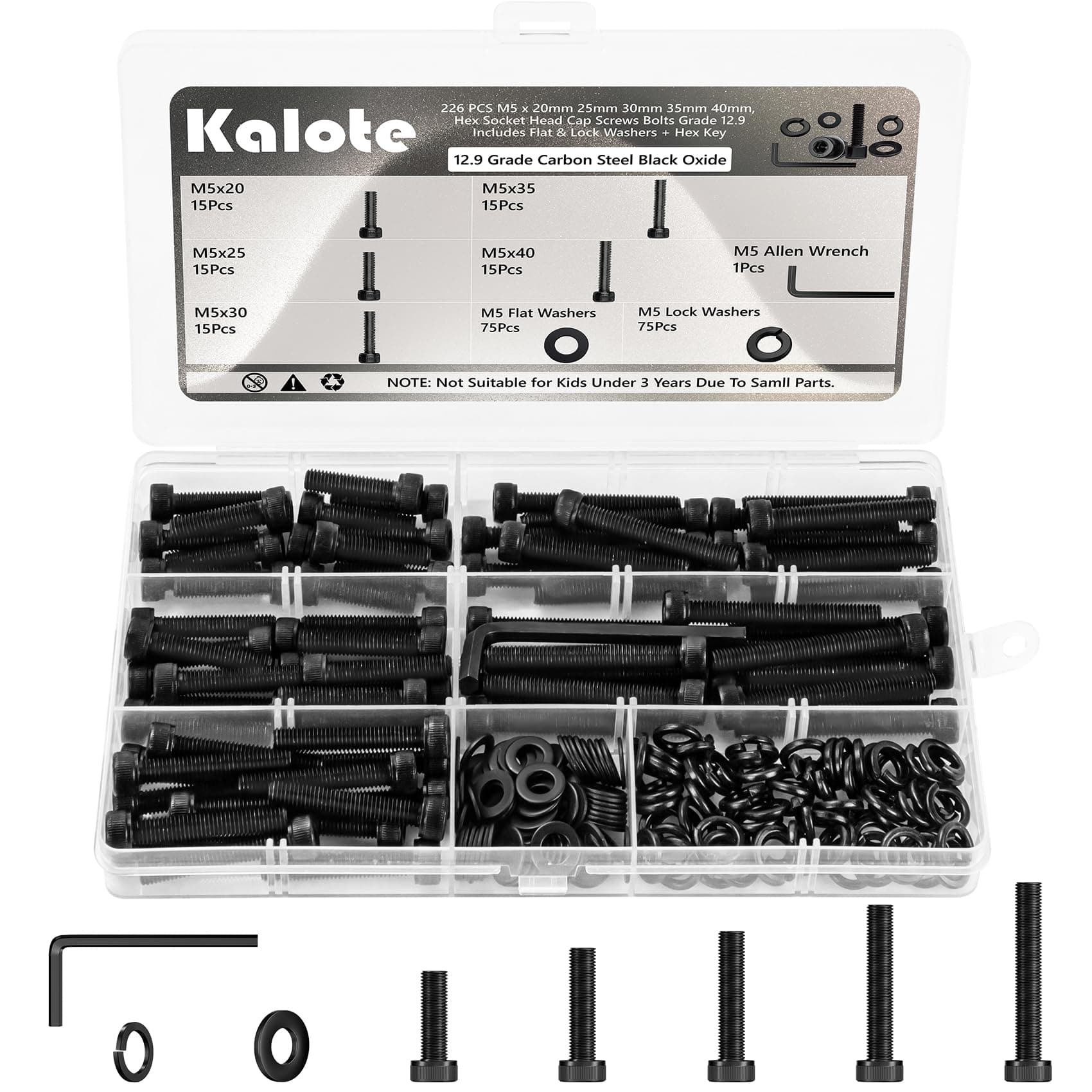 Kalote 226Pcs M5 Metric Screws, 12.9 Alloy Steel Hex Bolts Washers Kit