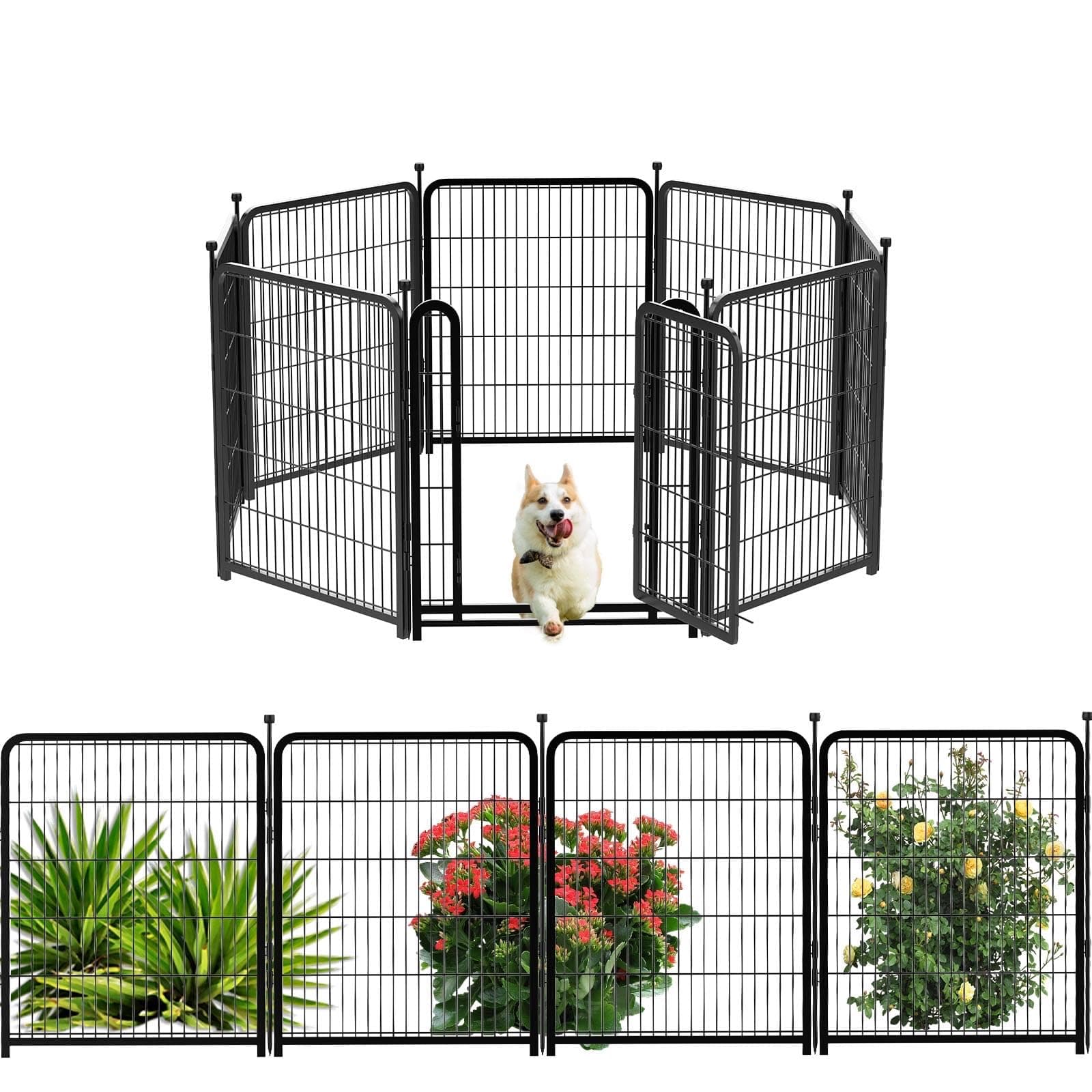 Getlay 32in（H） Garden Fence with Gate 8 Panels, Total 17.7 Ft(L), Temporary Dog Fence Indoor and Outdoor, Fencing for Yard Beds, Outdoor Black Pet Fence