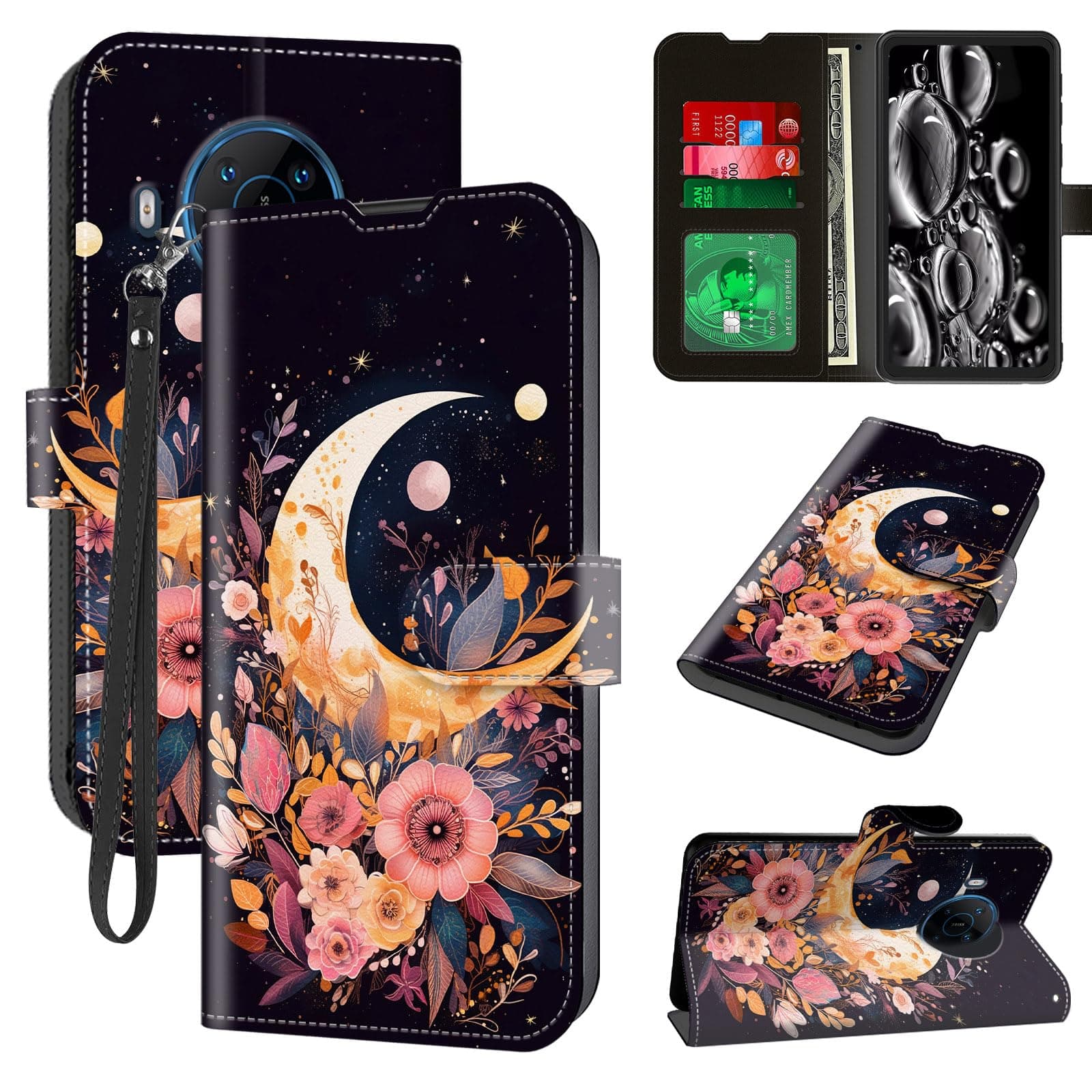 ACWDMKH for Nokia X100 Phone Case Walle with Card Holder Slots & Wrist Strap & Kickstand Flip Folio Leather Magnetic Protective Shockproof Phone Cover Case for Nokia X100,Pink Flower Moon