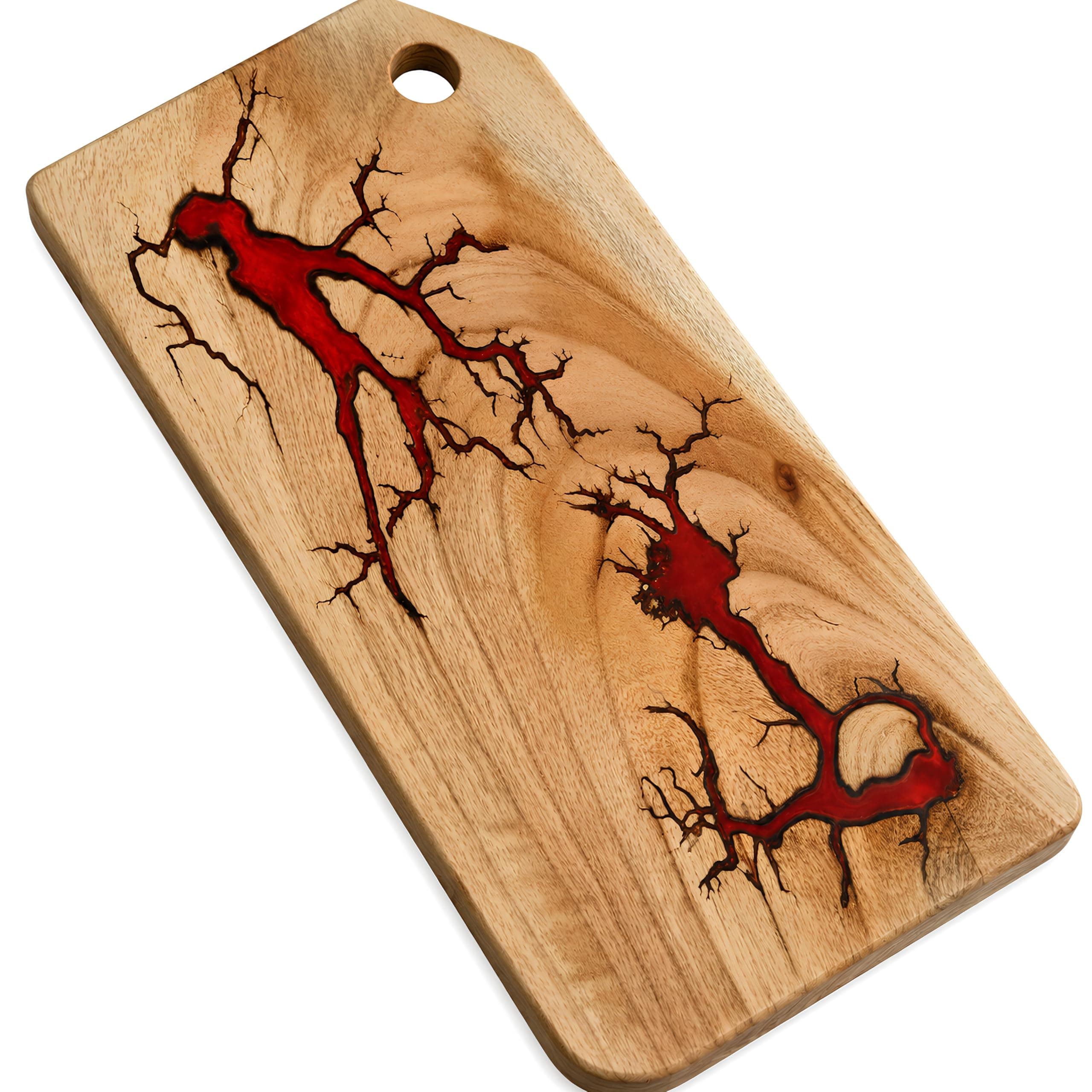 NAV KONST Red Charcuterie Board 16x8 Inch - Handmade Acacia Wood Fractal Burn Epoxy Resin - Bold Red Cheese Serving Platter Appetizer Tray Wine Entertaining Holiday Party Gift