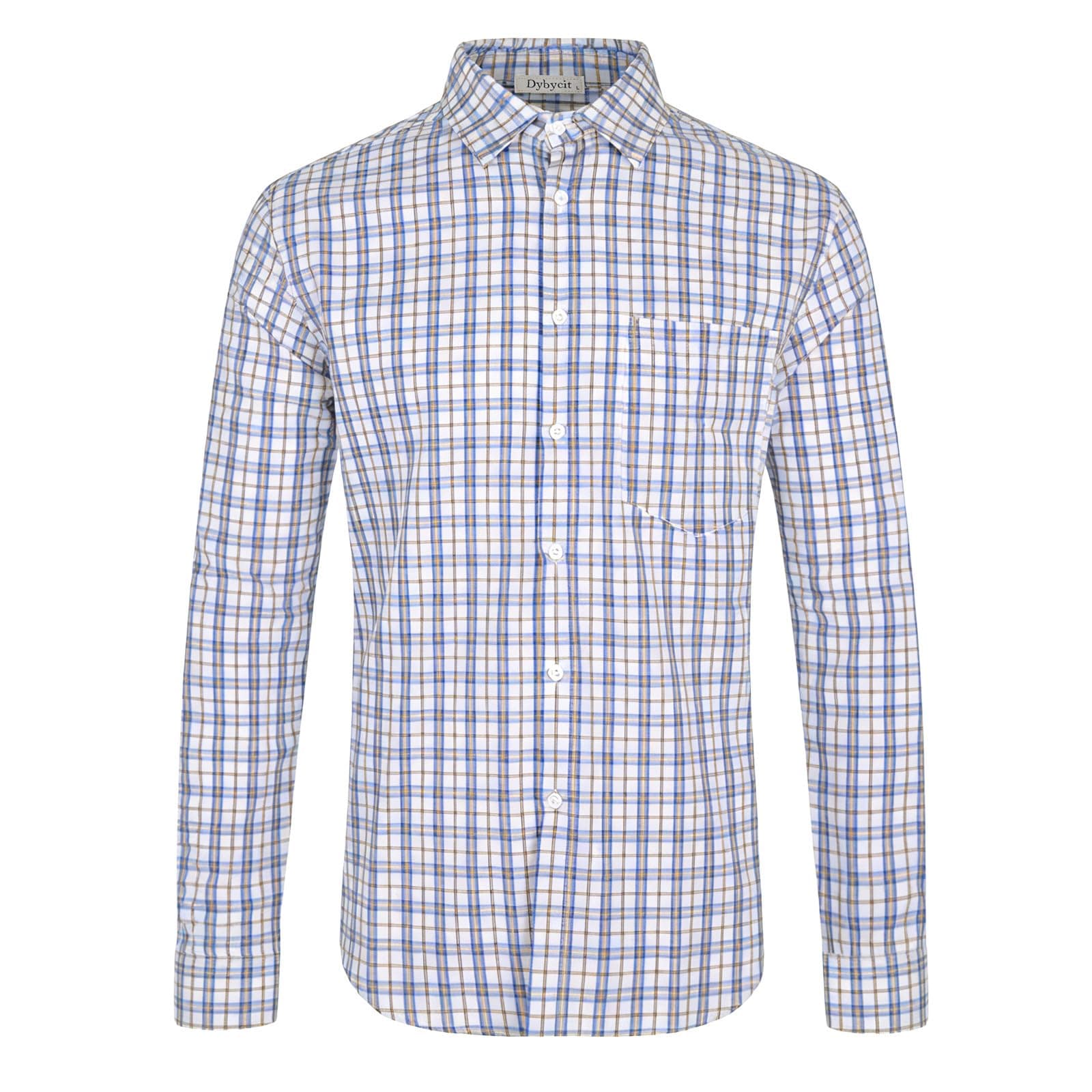 Dybycit Men's Shirts Checked Long Sleeve Casual Shirt Regular Fit Oktoberfest Plaid Shirts White Blue