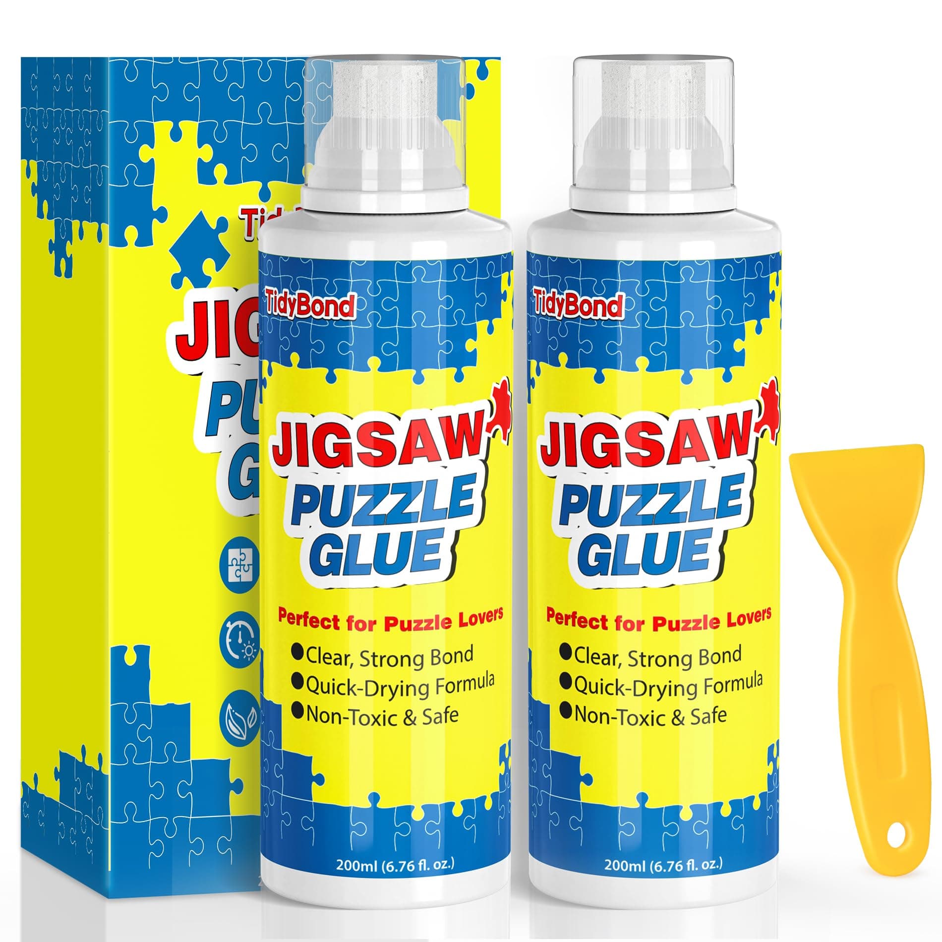 Jigsaw Puzzle Glue, Clear Quick-Dry Sealer, Sponge Tip & Squeegee, 200 ML x2