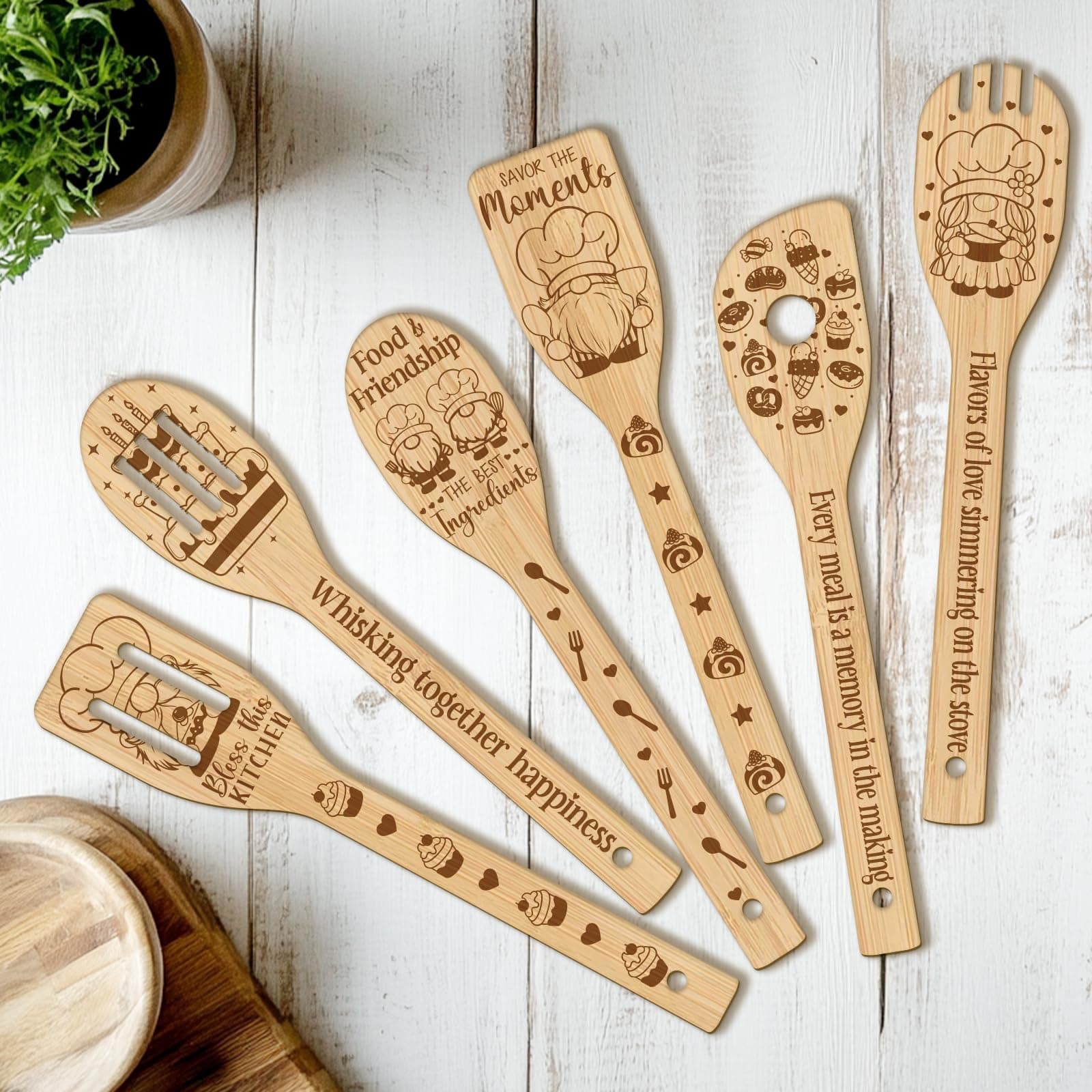 CUTHOLLOW 6PCS Baking Gnome Wooden Kitchen Cooking Utensil Set