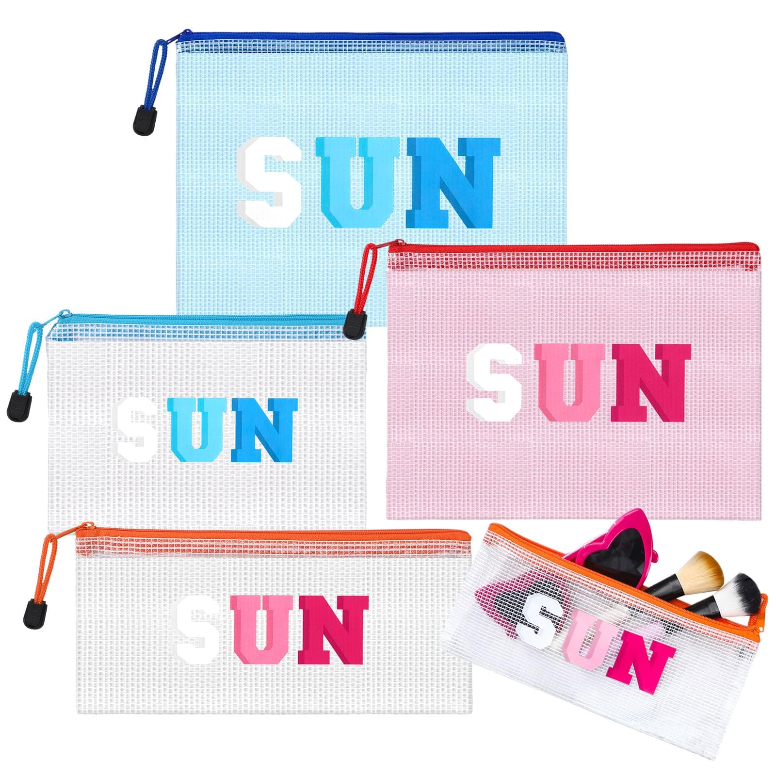 Humyoun 4 Pcs Pool Waterproof Zipper Pouches Clear Sun Makeup Bags Sunscreen Mesh Zipper Pouches Summer Beach Travel Toiletry Storage Women Gifts for Cosmetic Accessories, purple, red, yellow, blue
