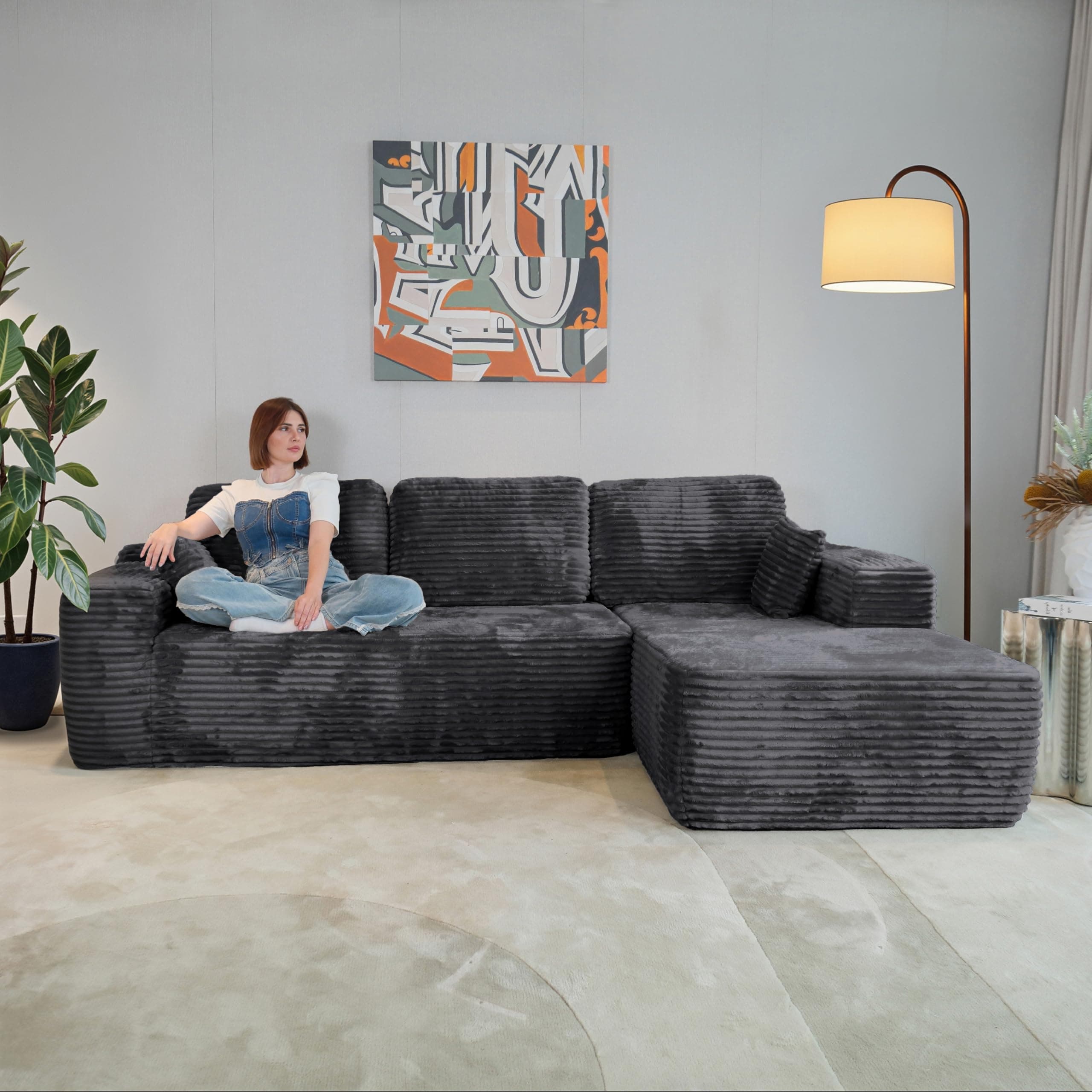 HOME IDOL Boneless Cloud Sofa L-Shaped Modular Sectional Couch, Frameless L-Shaped Modular Sectional,Corduroy Upholstery, No Assembly, for Living Room/Bedroom, Dark Grey, Right Facing Chaise