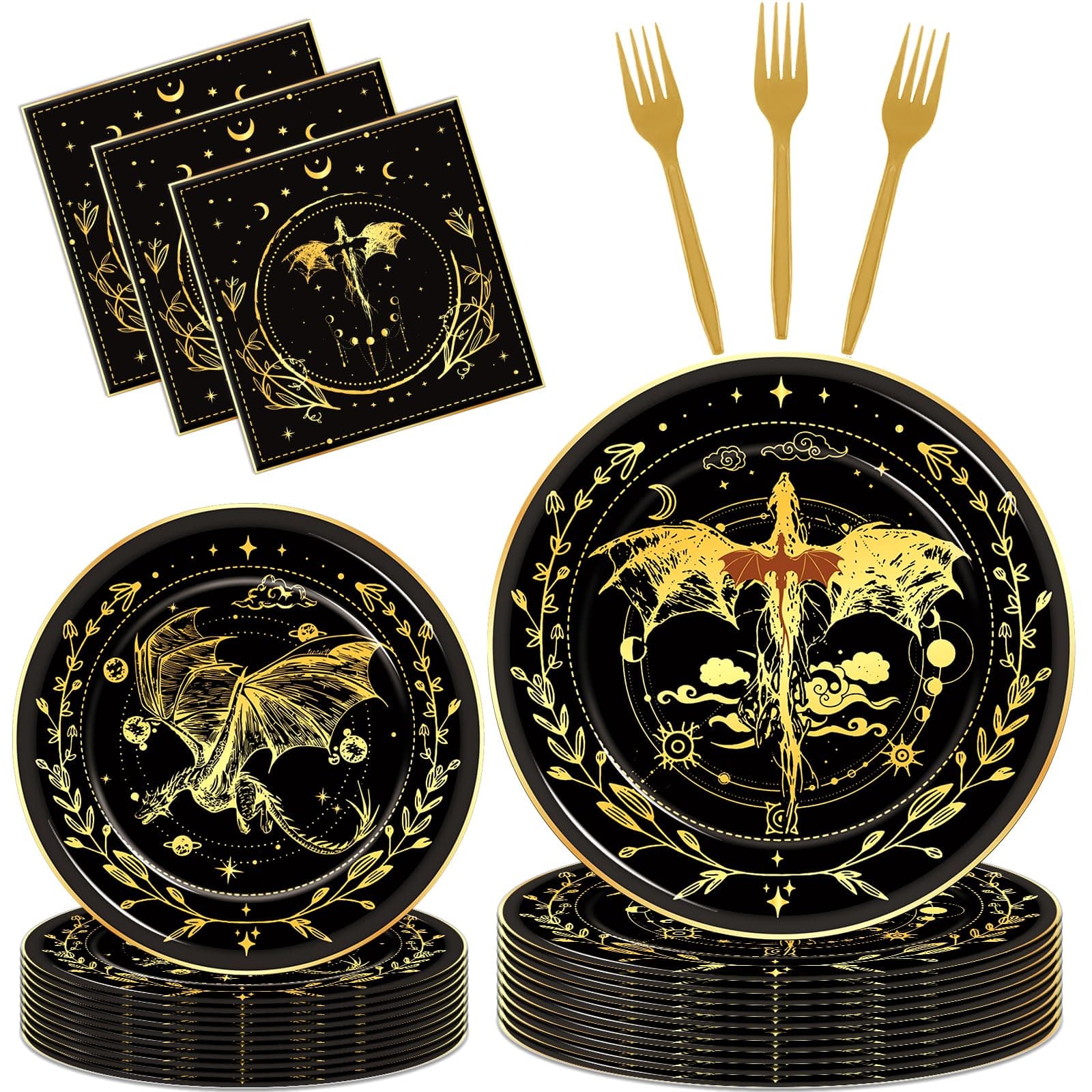 iPartyGo Dragon Birthday Party Decorations - 96 Pcs Black Gold Disposable Paper Dessert Plates Napkins Forks Tableware Set Magical Dragons Theme Decor Supplies for Kids Boys Girls Serves 24 Guests