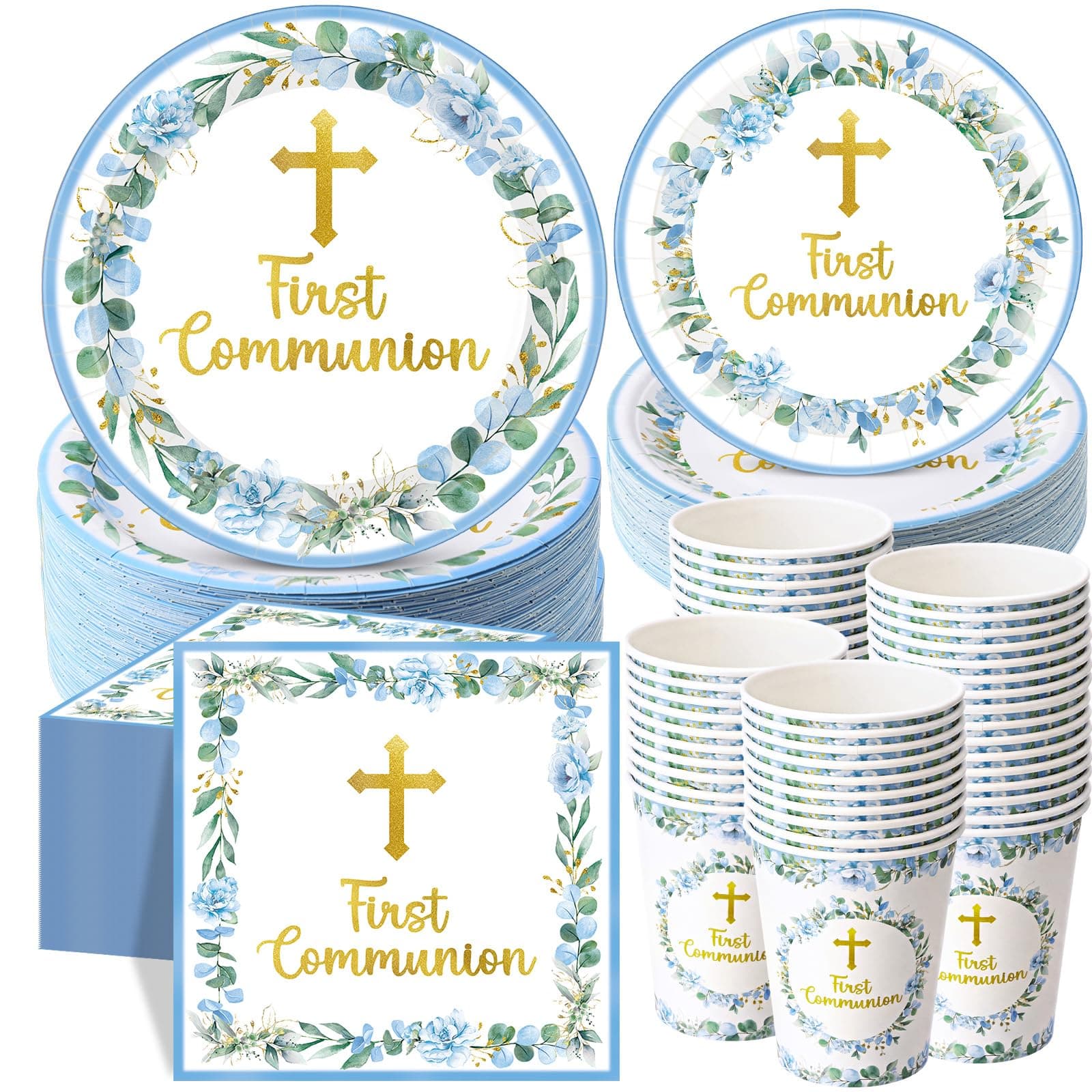 Pickmesh 250 Pcs Blue First Holy Communion Disposable Tableware Set God Bless Baptism Disposable Paper Plates Napkins and Cups for Boys Christening Celebration Baby Shower Religious Supplies Serve 50