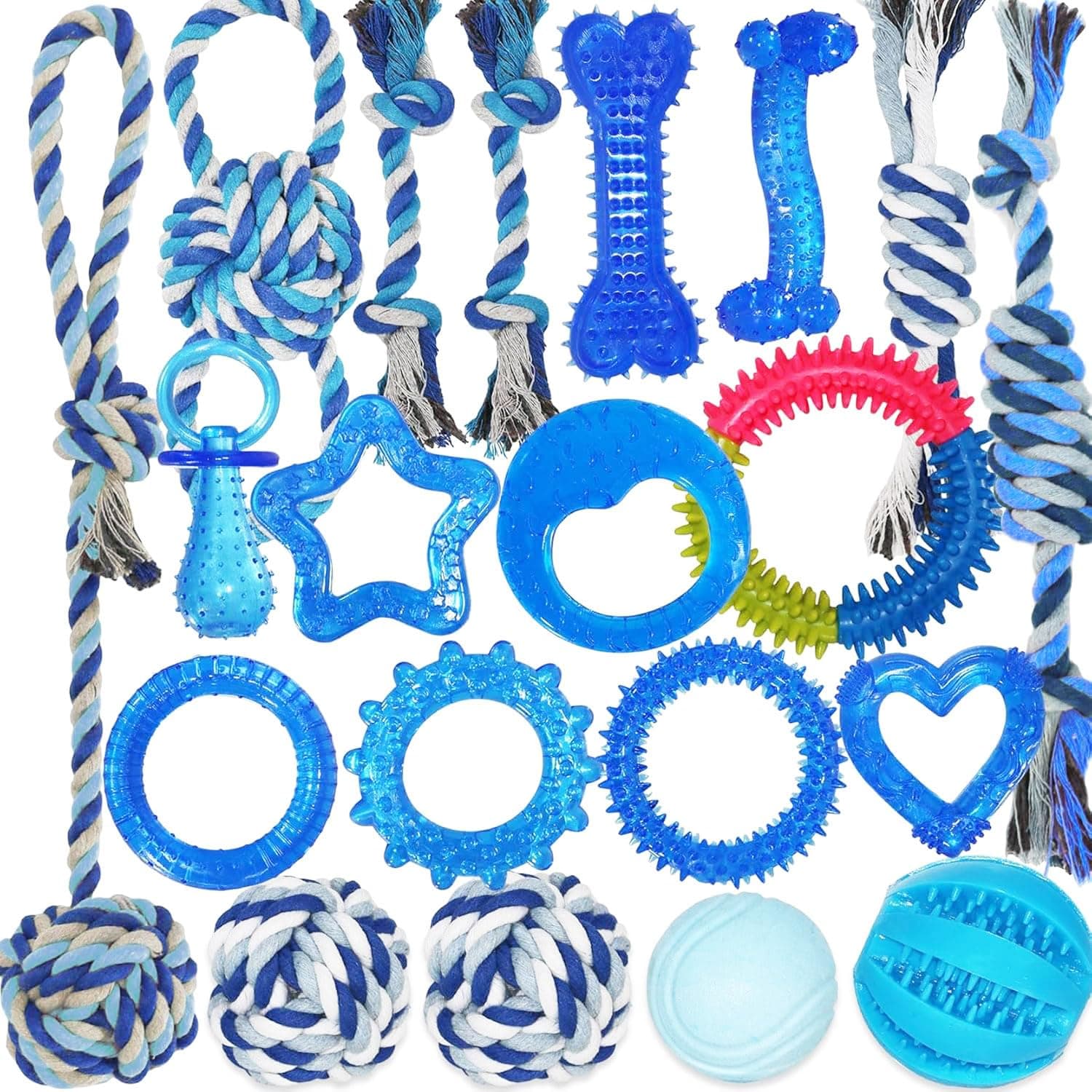 PawsAion 20 Pack Dog Toys Set - Durable Puppy Chew Toys for Teething, Interactive Dog Toy for Small Breeds and Aggressive Chewers - Tough Rope Toys for Puppies, Rubber Toys Bundle for Chewer Dogs