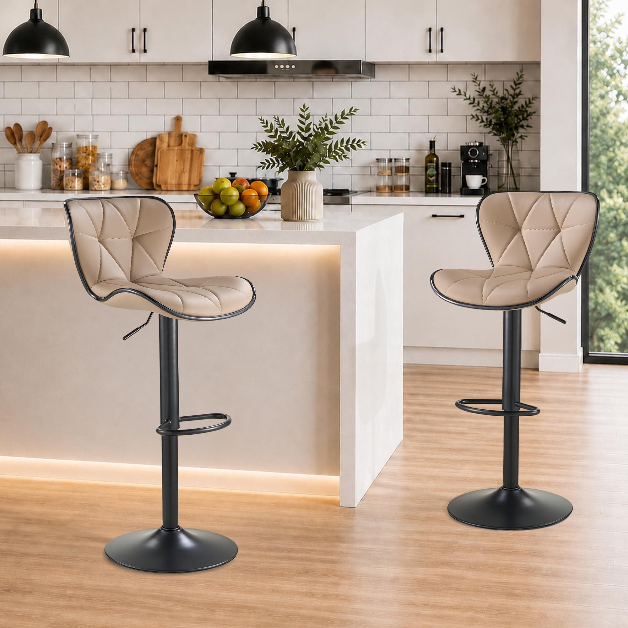 SAETSFEG Adjustable Swivel Bar Stools Set of 2 with Back and Footrest, Comfortable Upholstered Leather Counter Height Stools for Kitchen Islands, Small Apartments, and Home Bars, Oatmeal
