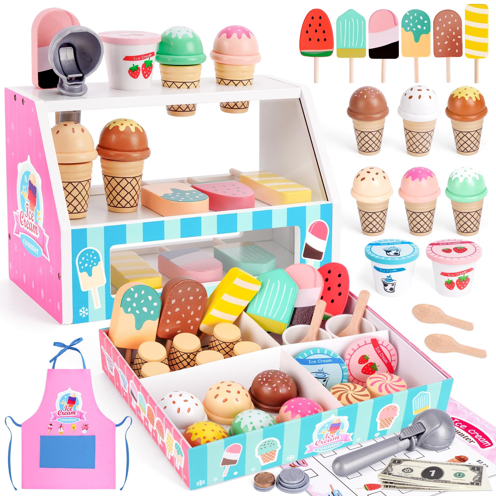 Melofaver Wooden Ice Cream Play Set, Pretend Ice Cream Toy for Toddlers 3-5