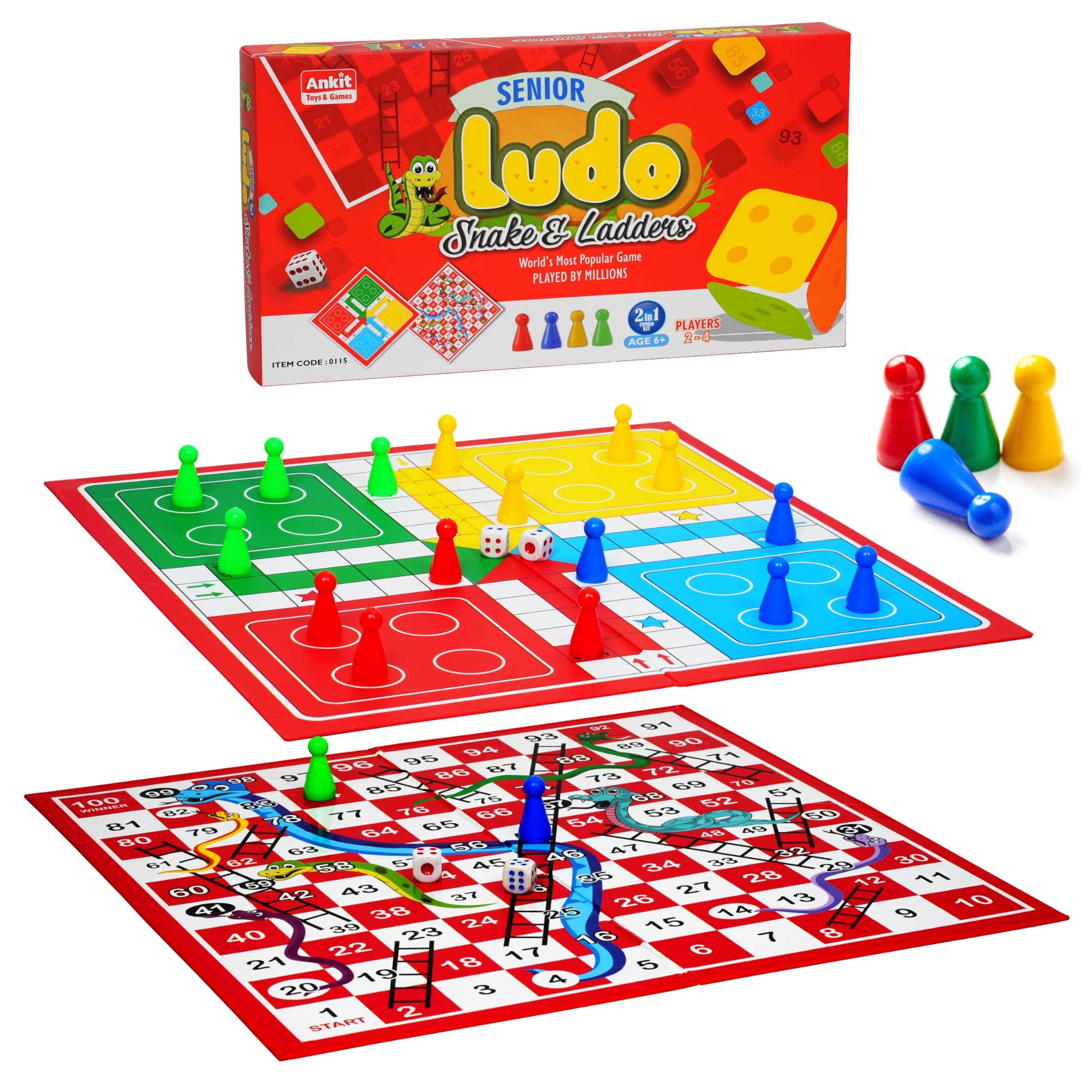 Ankit Toys & Games 2-in-1 Ludo & Snakes & Ladders Board Game, 38 x 38 cm Double-Sided Folding Board, 4-Player Family Game for Kids & Adults 6+, Indoor Fun (Yellow) (Classic Edition)