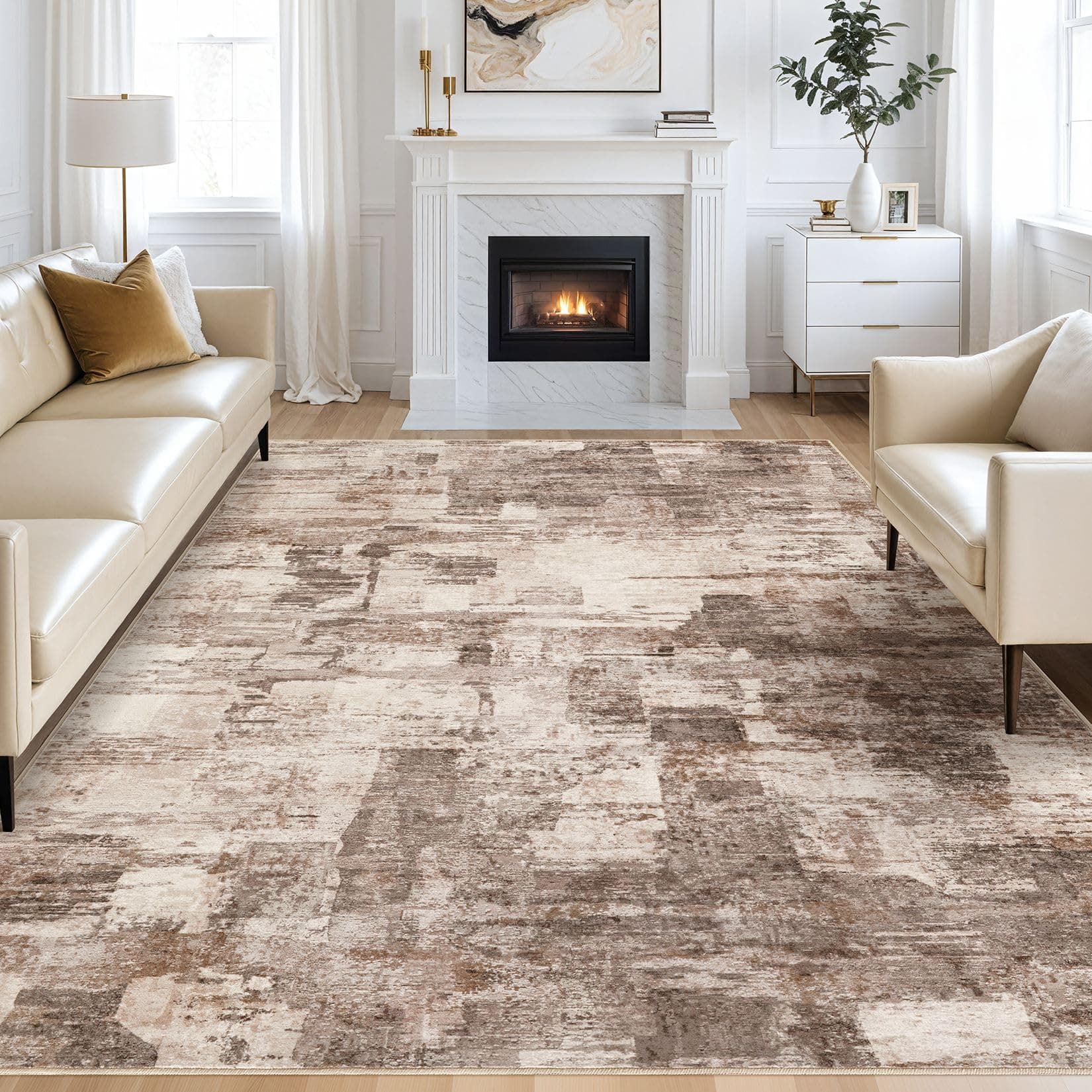 Kakania Abstract 9x12 Area Rugs for Living Room: Washable Rugs Brown