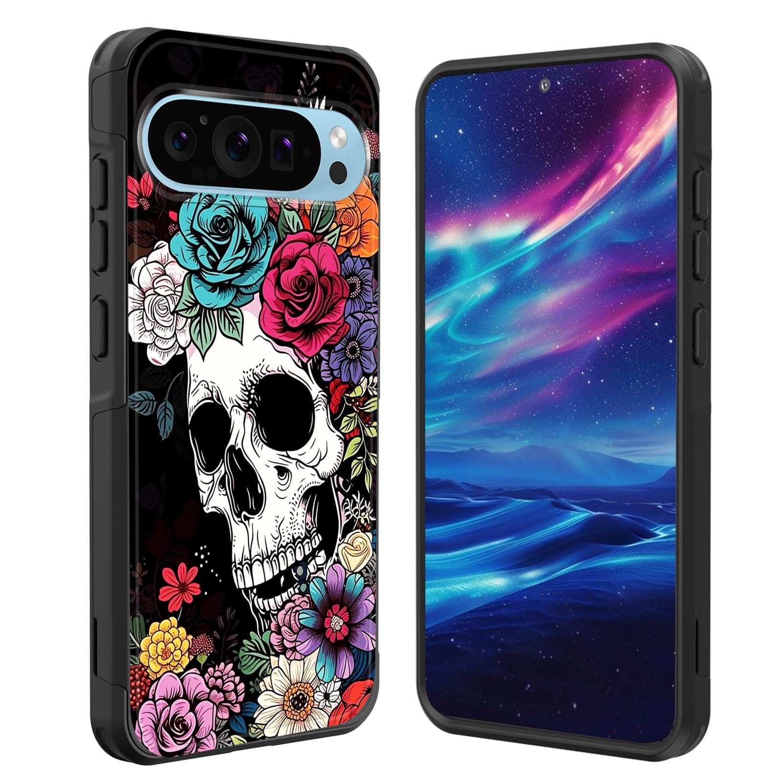 GFEWYTJYJ for Pixel 9 Pro XL Case,[10 FT Military Grade Drop Protection] Non-Slip Heavy Duty Shockproof Phone Case for Google Pixel 9 Pro XL 6.8 Inch 2024,Flower Skull