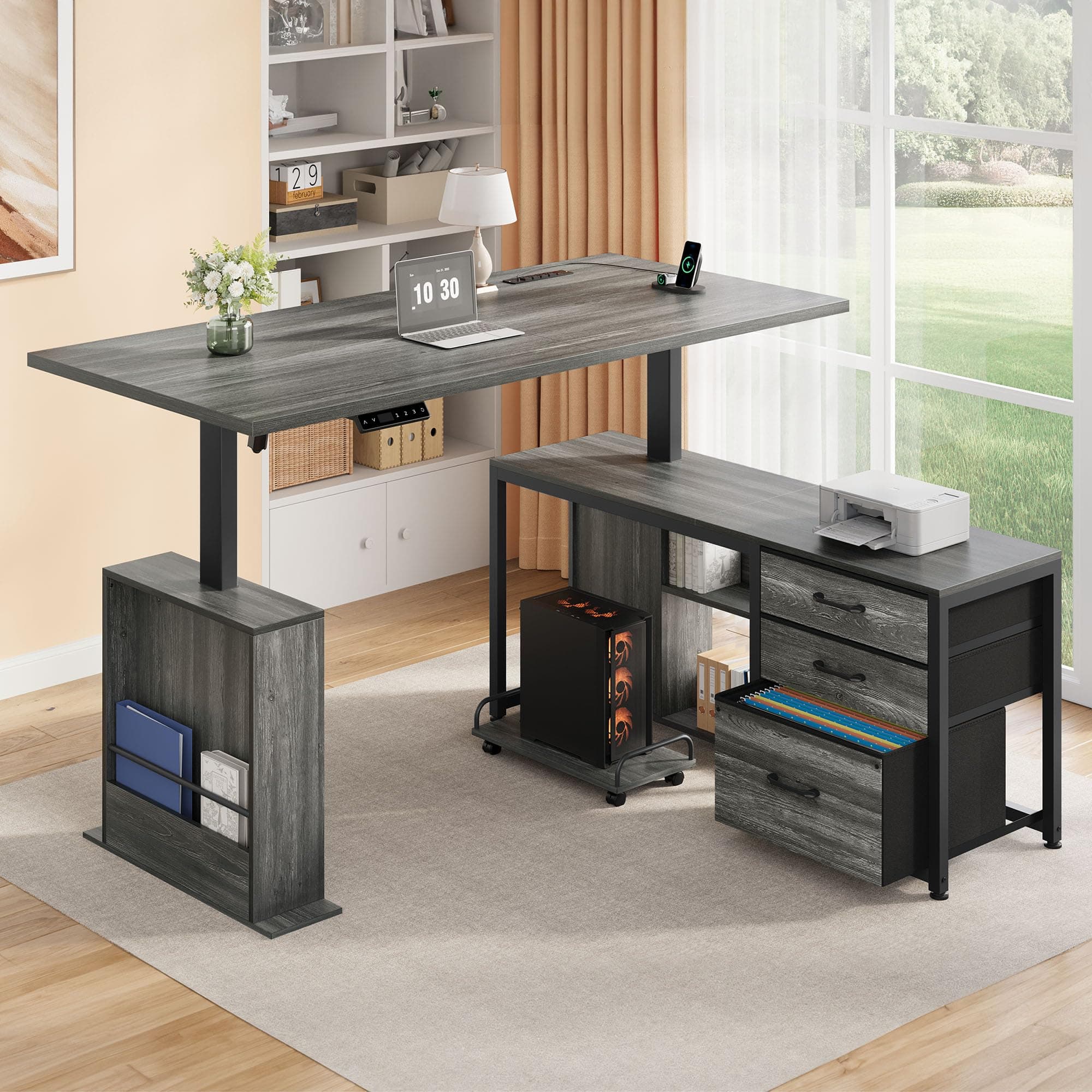 Homiflex 63" L Shaped Standing Desk with 3 Drawers Electric Adjustable Height Desk Corner Standing Desk with Storage Computer Game Desk with Power Outlets Computer Tower Stand for Home Office, Grey