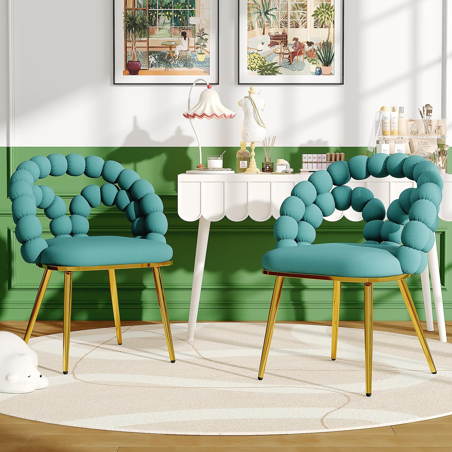 TesNus Velvet Dining Chairs Set of 2, Teal Upholstered Velvet Chairs with Gold Metal Legs, Modern Armchairs with Curved Backrest for Dining Room, Living Room, or Makeup Vanity