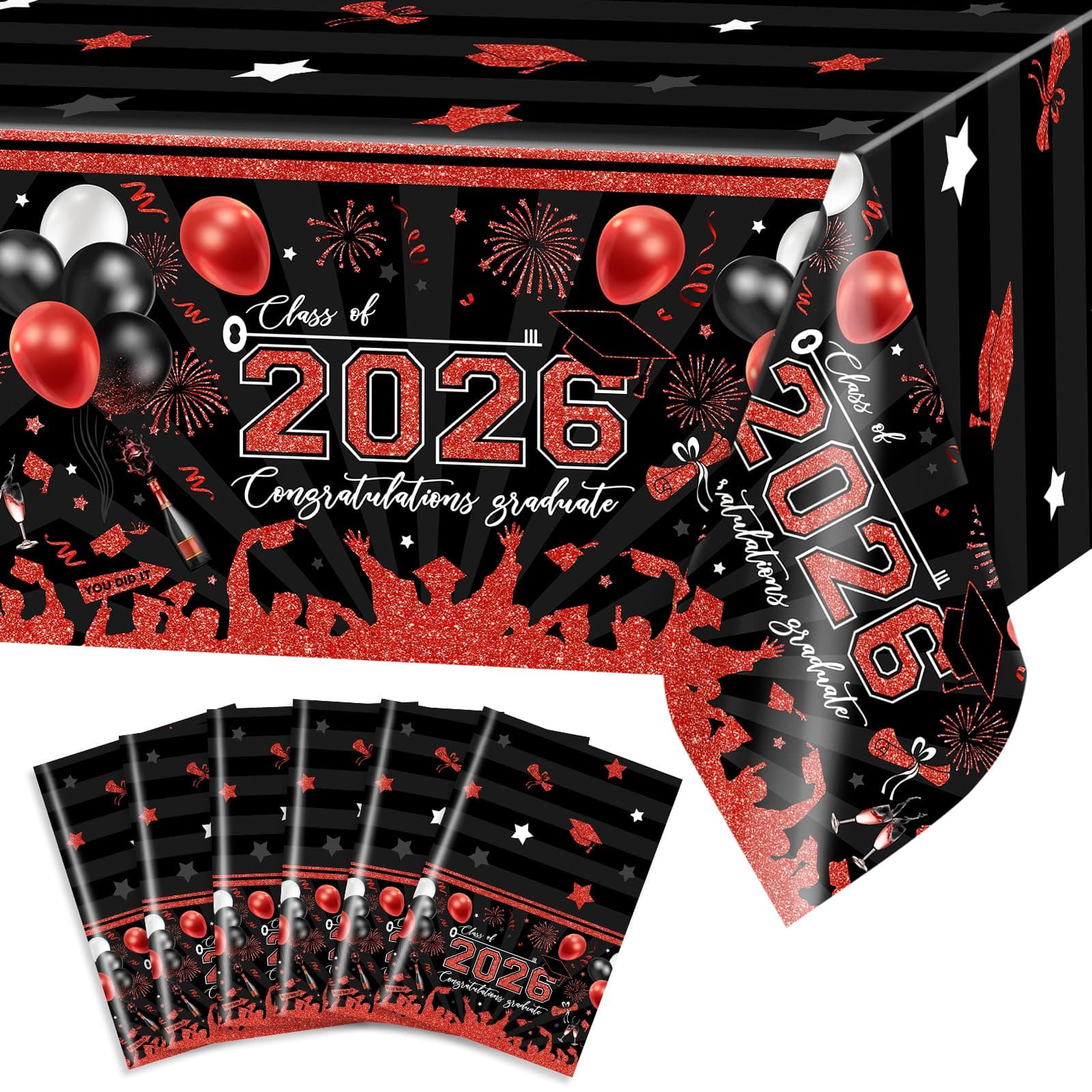 Avezano 6 pcs Graduation Tablecloths 108x54 inch Graduation Table Cloths Class of 2026 Red and Black Grad Party Tablecover Decorations Disposable Plastic