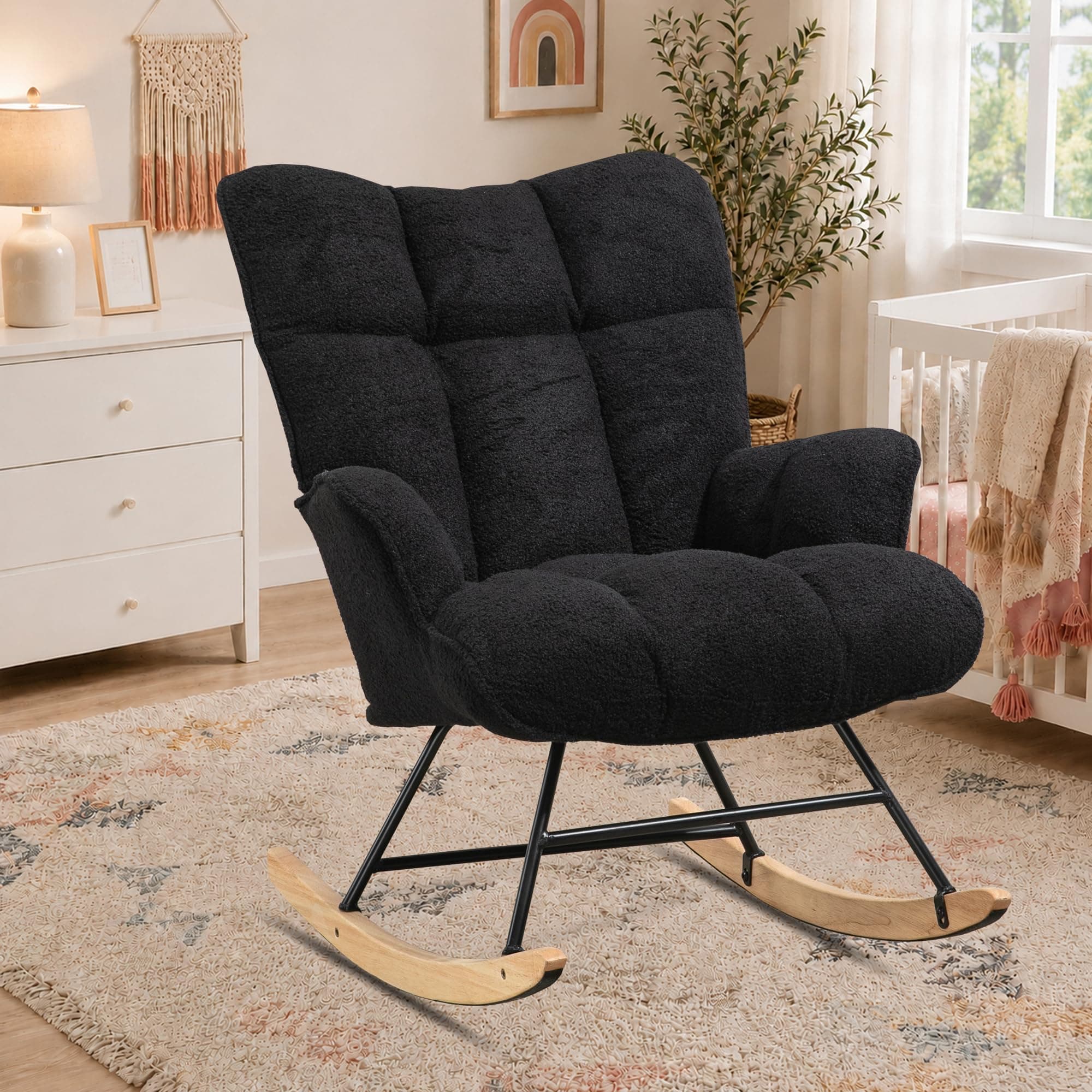 SAETSFEG Teddy Rocking Chair Nursery, Upholstered Glider Rocker Chair with Backrest Comfy Nursing Armchair Indoor for Living Room Bedroom, Charcoal Black
