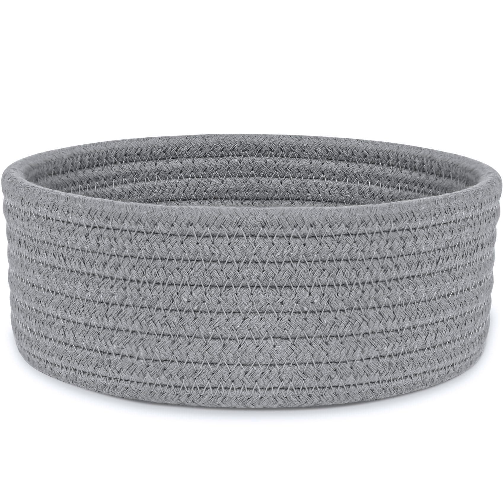 ABenkle Small Woven Basket, Empty Tiny Shallow Storage Basket, Mini Cotton Rope Baskets, Round Decorative Hamper, Basket Storage Bins for Toys, Spa, Socks, Nursery, Living Room- Grey