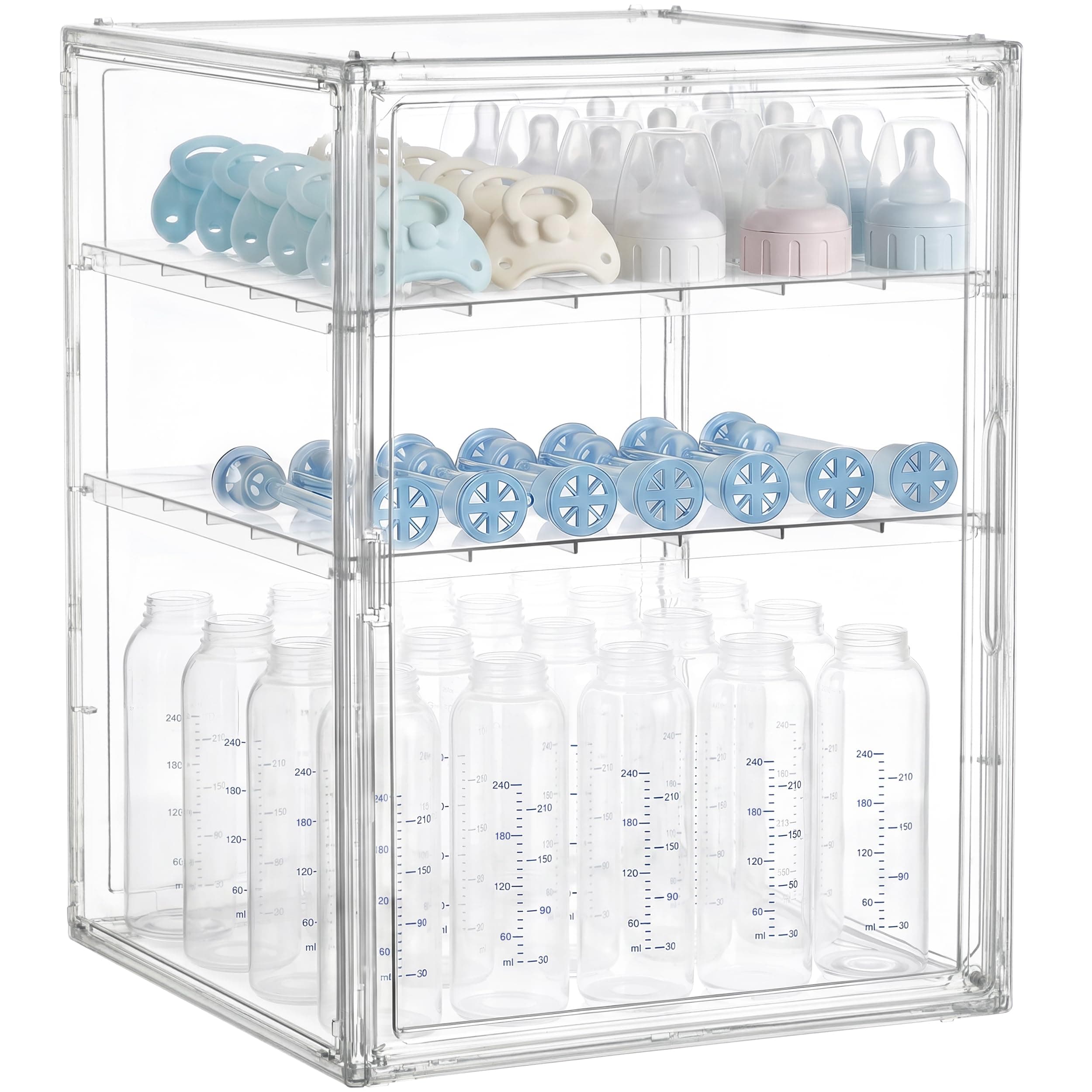 HBlife Baby Bottle Storage Organizer for Countertop Cabinet, 3 Tiers Adjustable Clear Acrylic Bottles Storage Station Case Box Container with 2 Removable Dividers and Magnetic Door, XXL