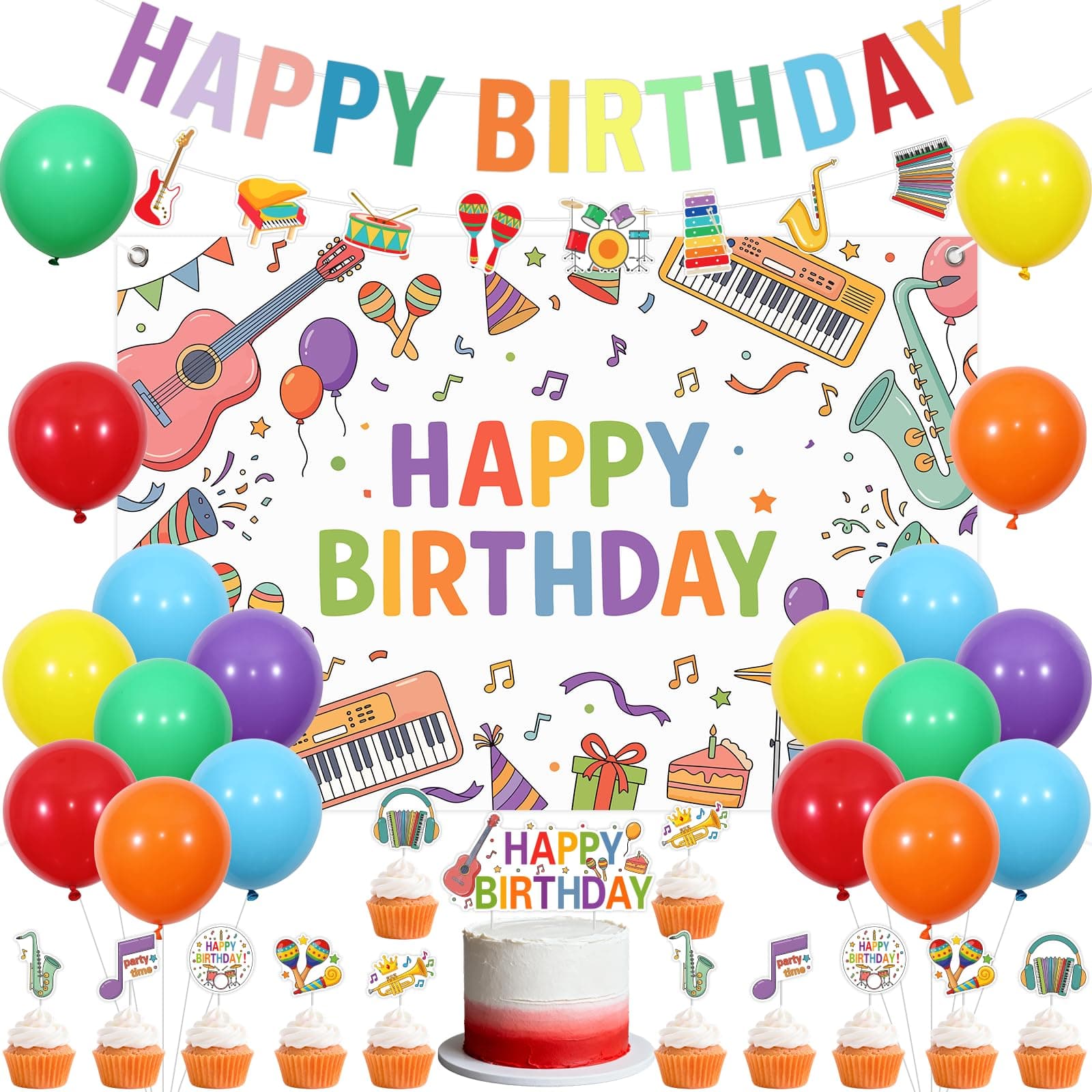 Fangleland Music Birthday Party Decorations, Colorful Musical Instrument Happy Birthday Backdrop Banner Garland Cake Cupcake Toppers Balloons, Guitar Bass Karaoke Rock and Roll Party Supplies