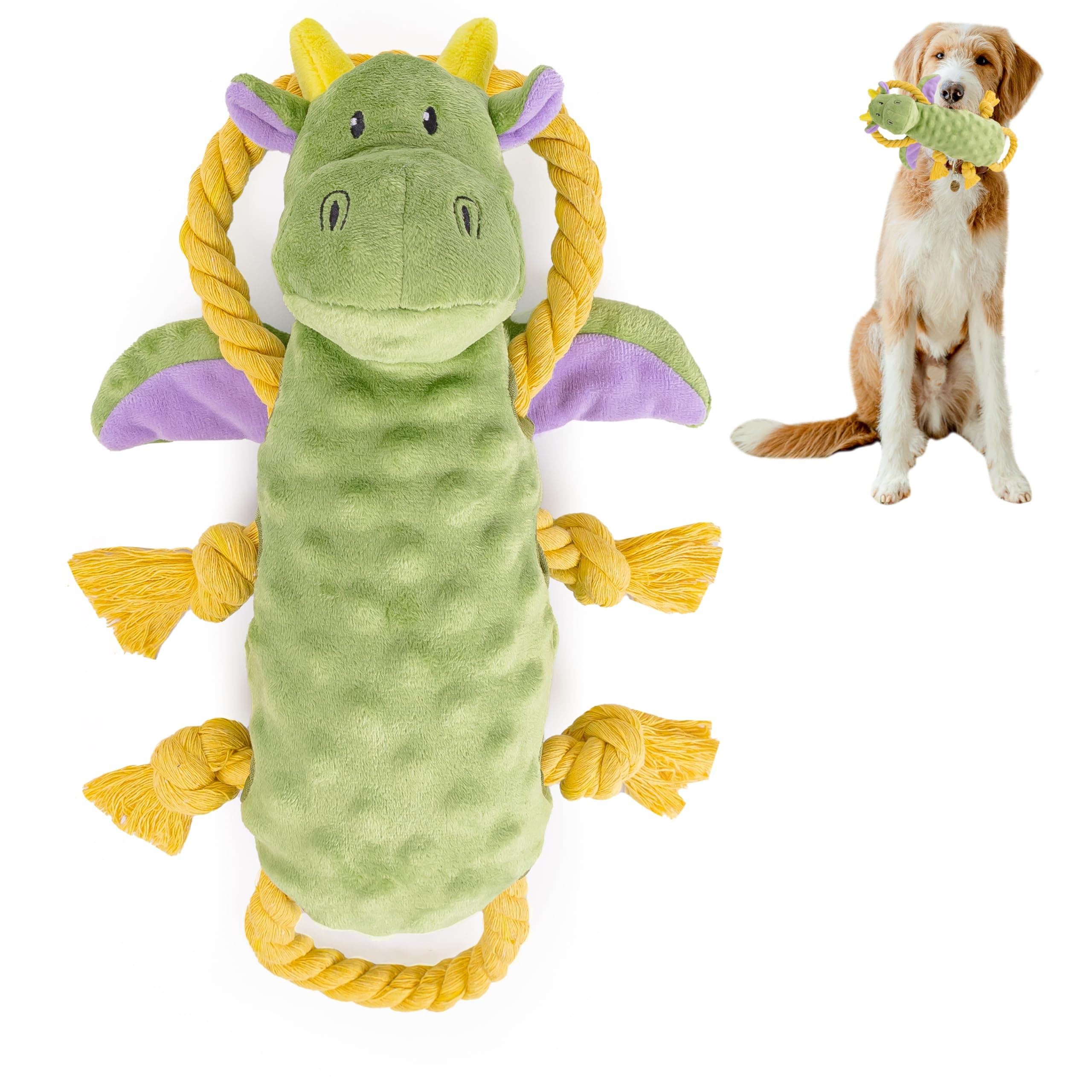 EVERYDAY JOY Squeaky Dog Stuffed Animals Chew Toy for Large Breeds Crinkle Paper Tug of War Rope Plush Dog Toy Soft Tough Squeaker Dog Entertainment Toys for Home Alone - Dragon
