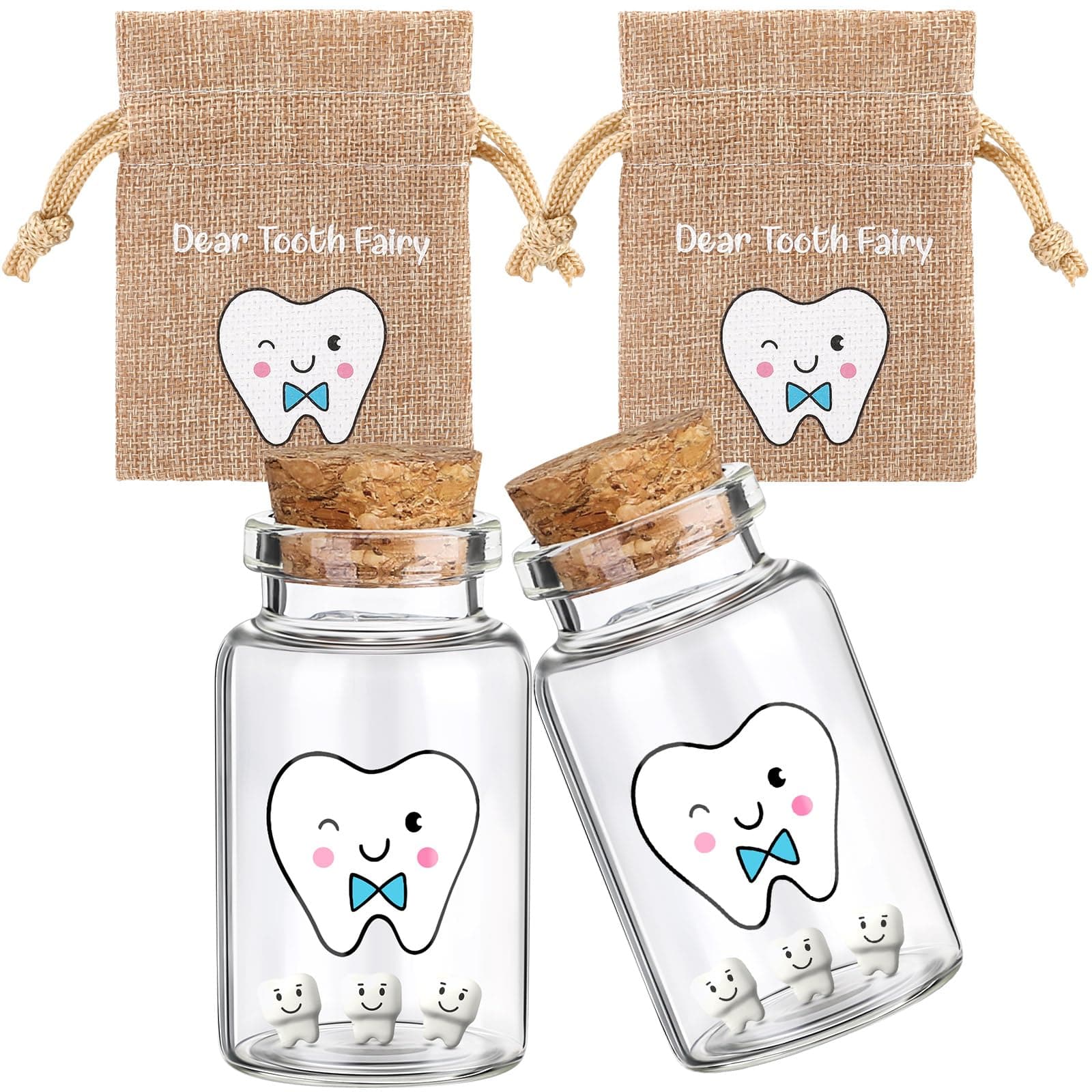 Newtay 2 Pcs Tooth Fairy Bag with 2 Small Glass Tooth Fairy Bottles Keepsake Set for Kid Girl Boy Birthday Gift