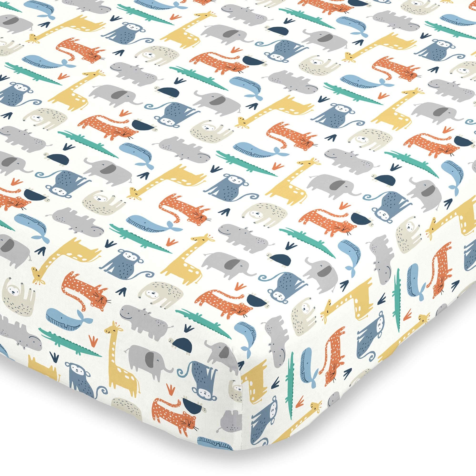 Carter's Colorful Modern Safari Animals Super Soft Mini Crib Fitted Sheet, Orange, Green, Blue, Grey