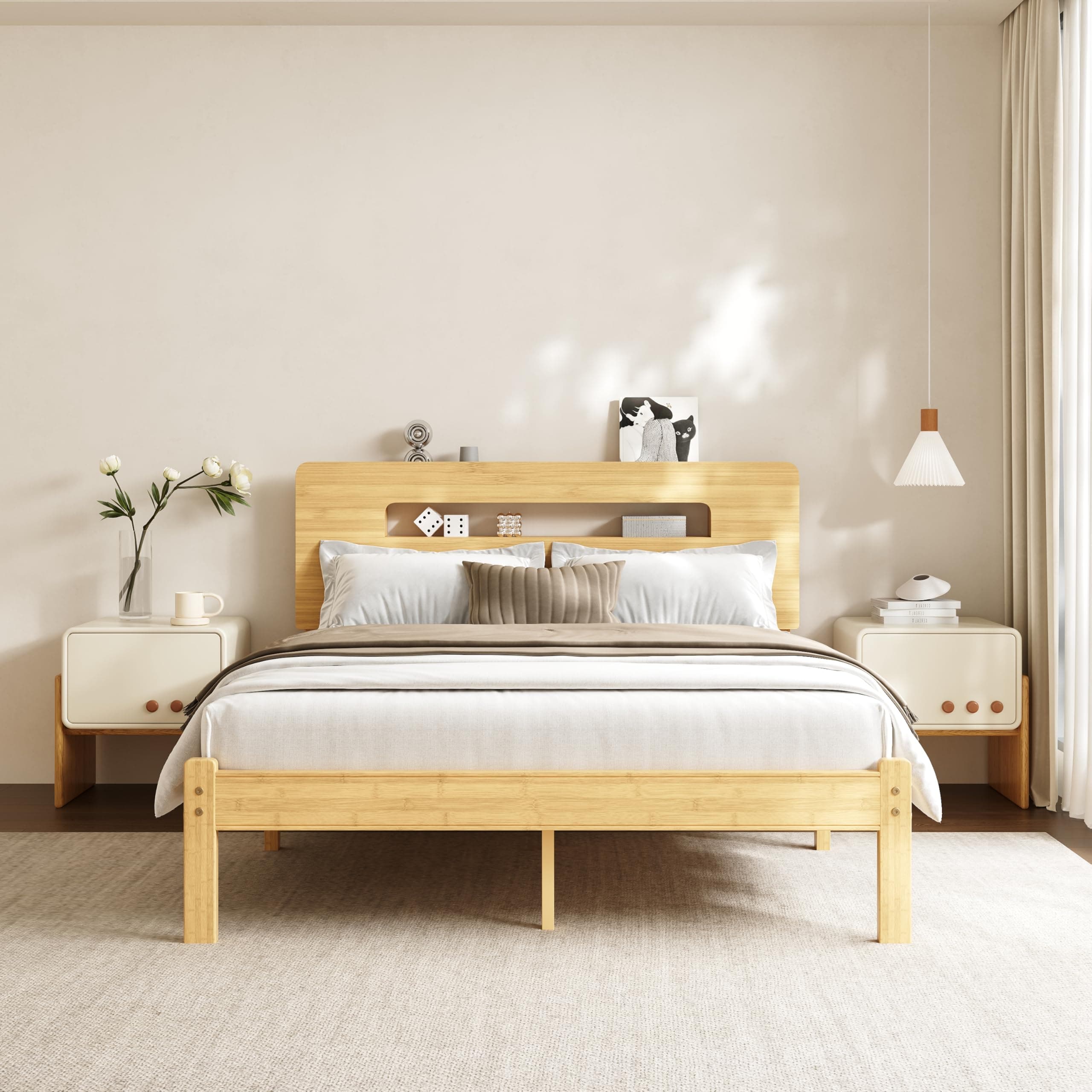 COMASACH 14 Inch High Bamboo Wood Full Size Bed Frame with Storage Headboard, Solid Bed Frames Full, Metal Slats Support, Heavy Duty, No Box Spring Needed