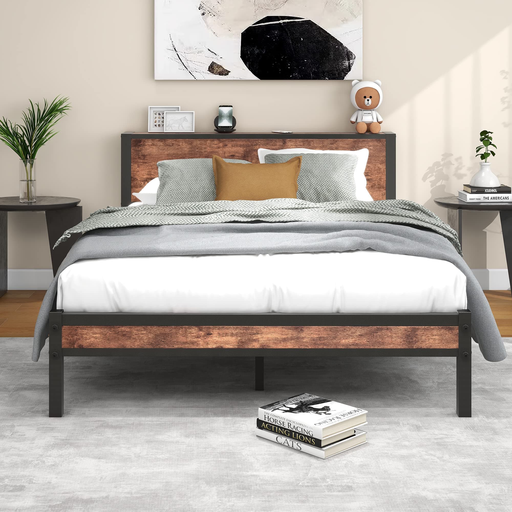 Diolong Queen Bed Frame with Wood Headboard, Platform Bed Frame Queen Size with Storage Headboard, Heavy Duty/Reinforced Support Leg/Mattress Foundation/No Box Spring Needed/Vintage Brown