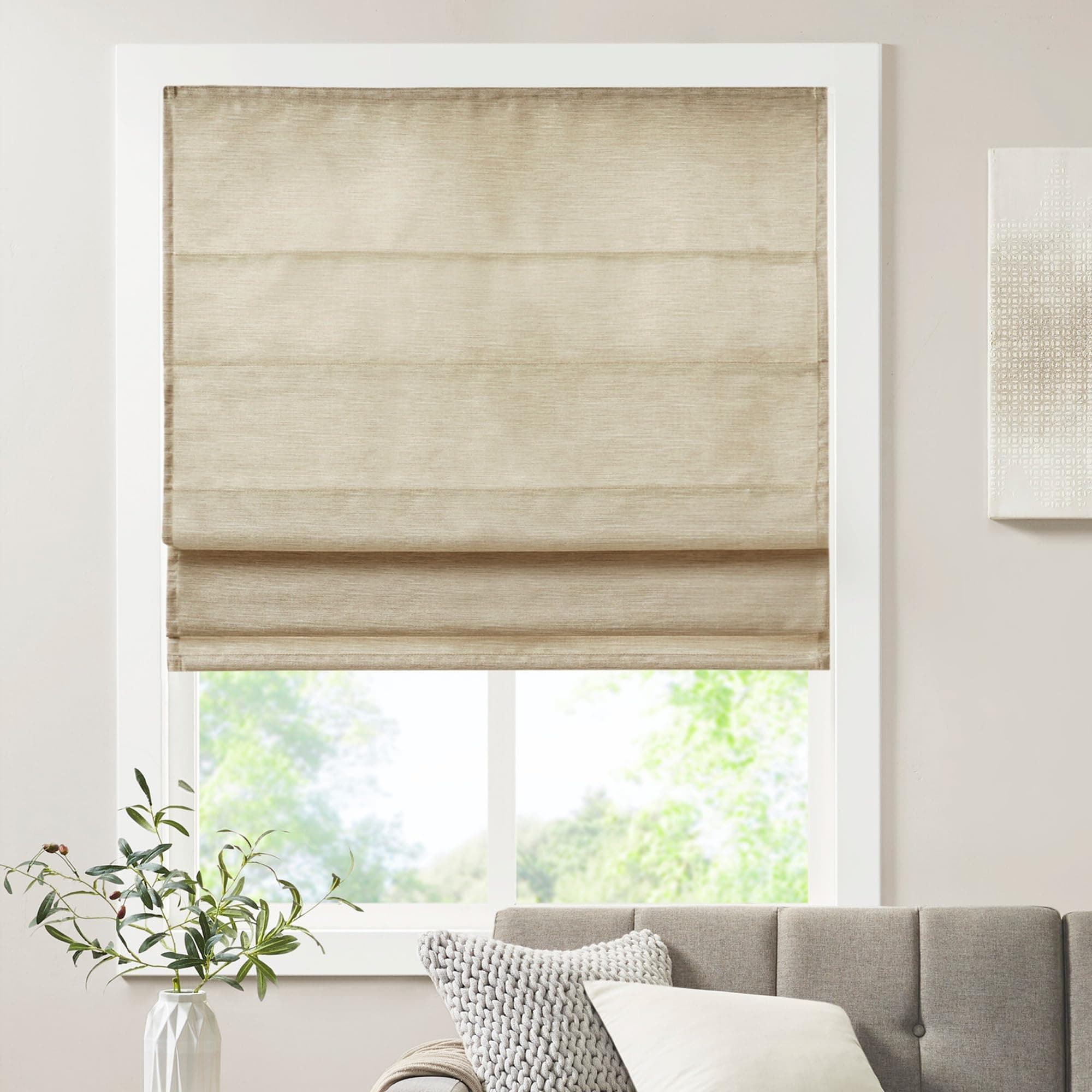 Madison Park Galen Cordless Fabric Privacy Single Panel Darkening, Energy Efficient Roman Shade, Window Curtain, 64" x 35", Printed Faux Silk Taupe