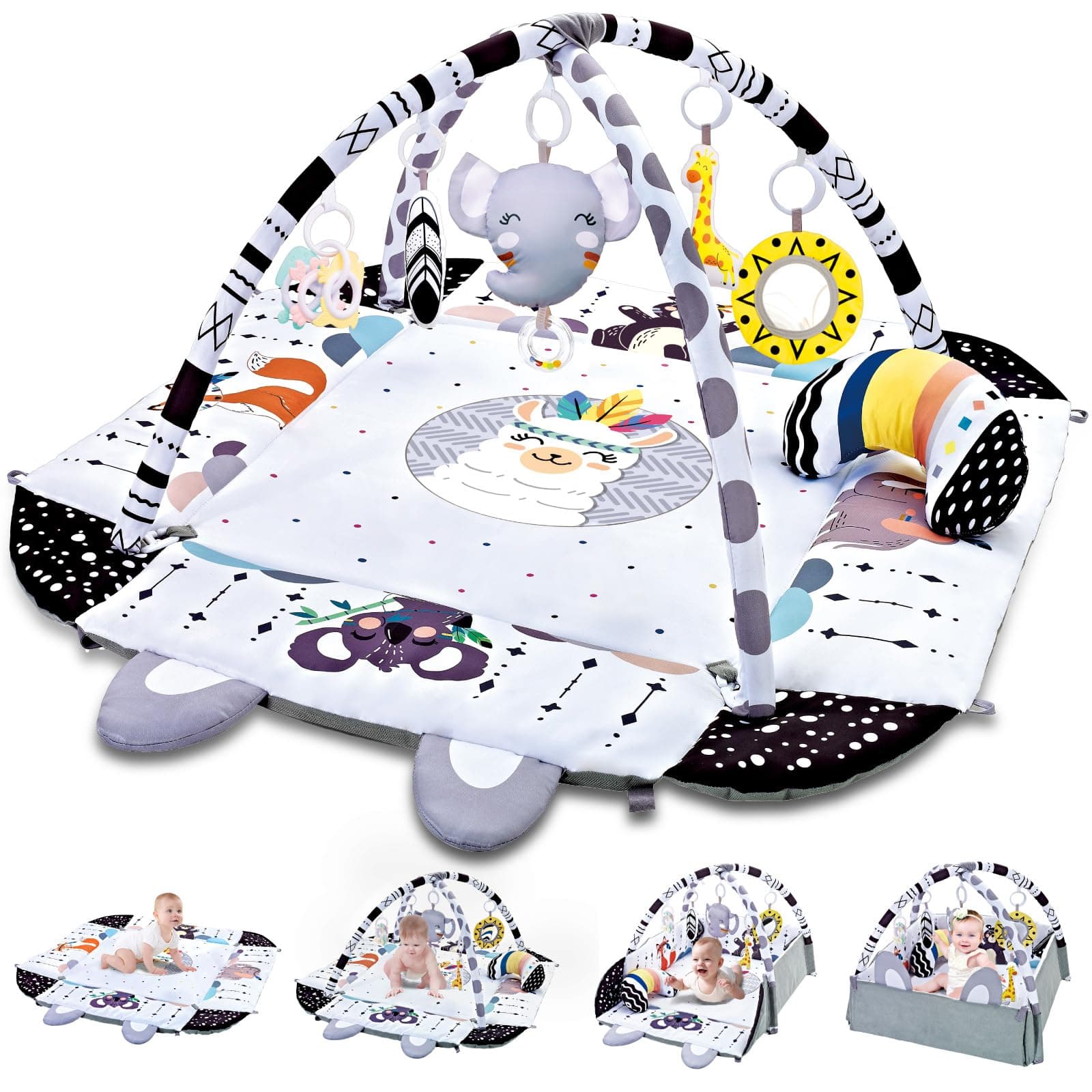 TFDER Baby Gym Play Mat, 5-in-1 Tummy Time Mat & Activity Gym, Washable Ball Pit, Infant Play Mat with Detachable Toys for Sensory Exploration and Motor Skill Development