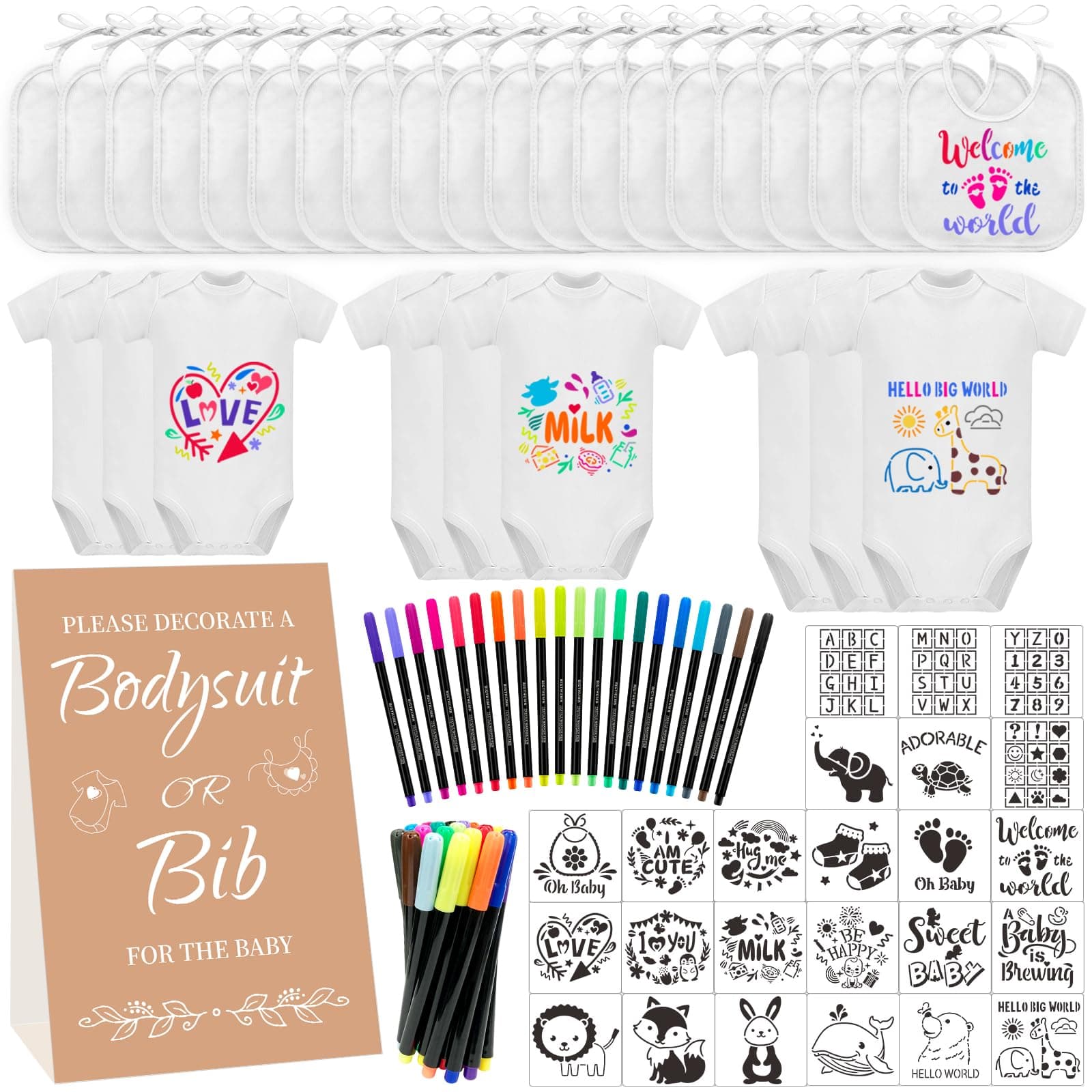 Aisharery Bibs Bodysuits Baby Shower Game Sign Set Newborn Onesies Feeder Gift Fabric Marker Stencils Kit