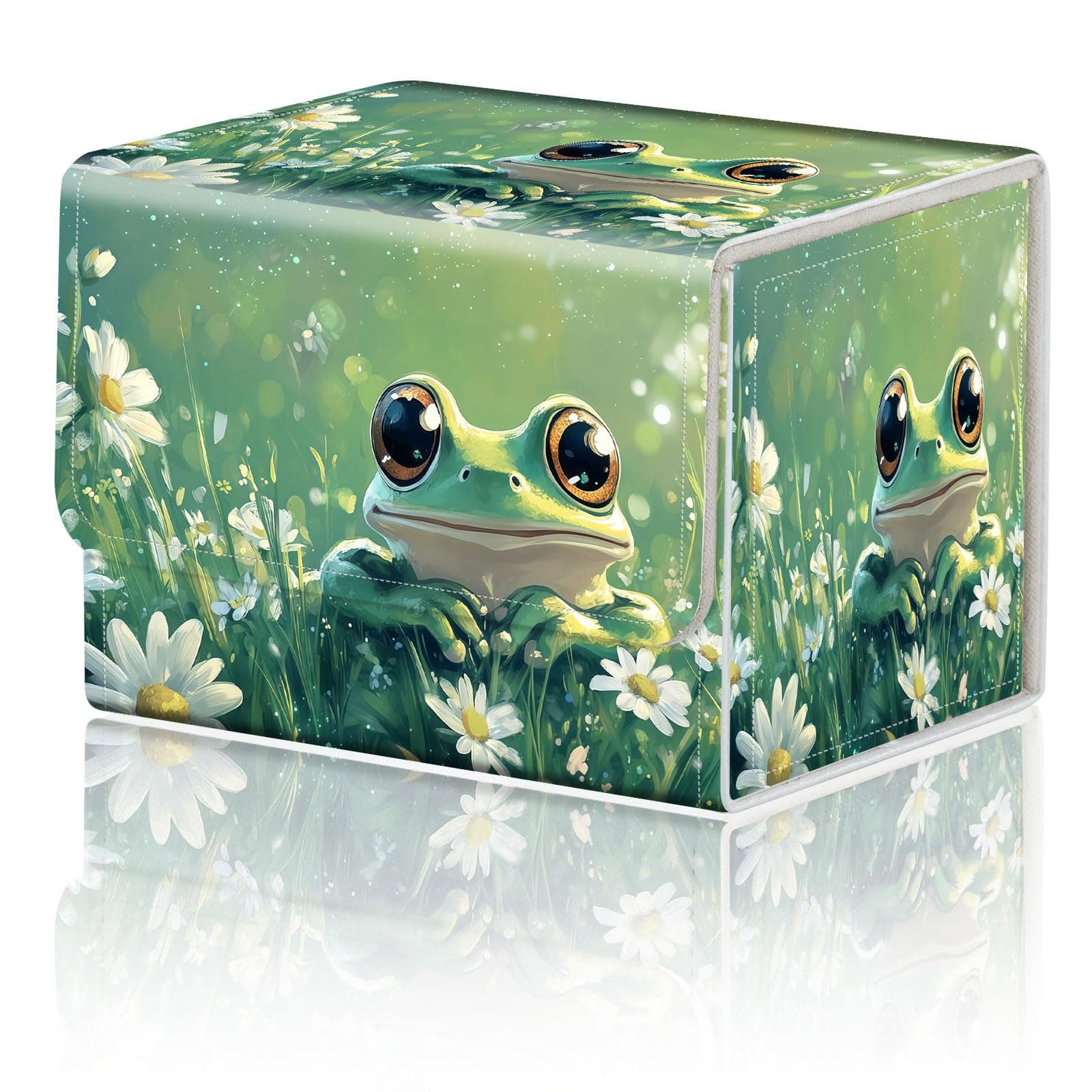 Card Game Storage Box for TCG Deck Box MTG Card Box Organizer Trading Card Case Commander Deck Box TCG Card Storage Box Magnetic Closure Creative Pattern Up to 200 Cards, White Daisies And Cute Frog